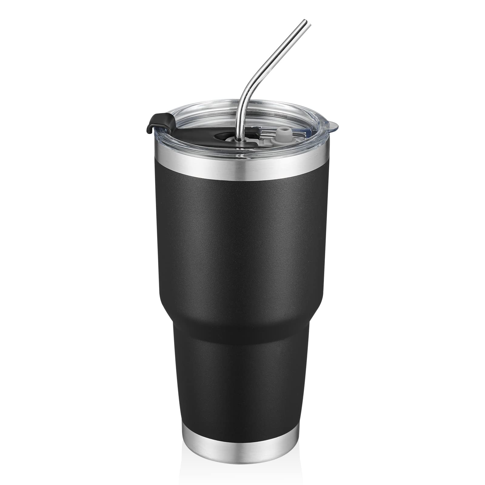 30 oz Insulated Stainless Steel Travel Coffee Mug with Lid & Straw - Double Wall Vacuum Insulated Tumbler for Hot & Cold Drinks - Powder Coated Durable Design - Perfect for Office, Commuting, Camping & Outdoor Activities (Black, 12 Pack)