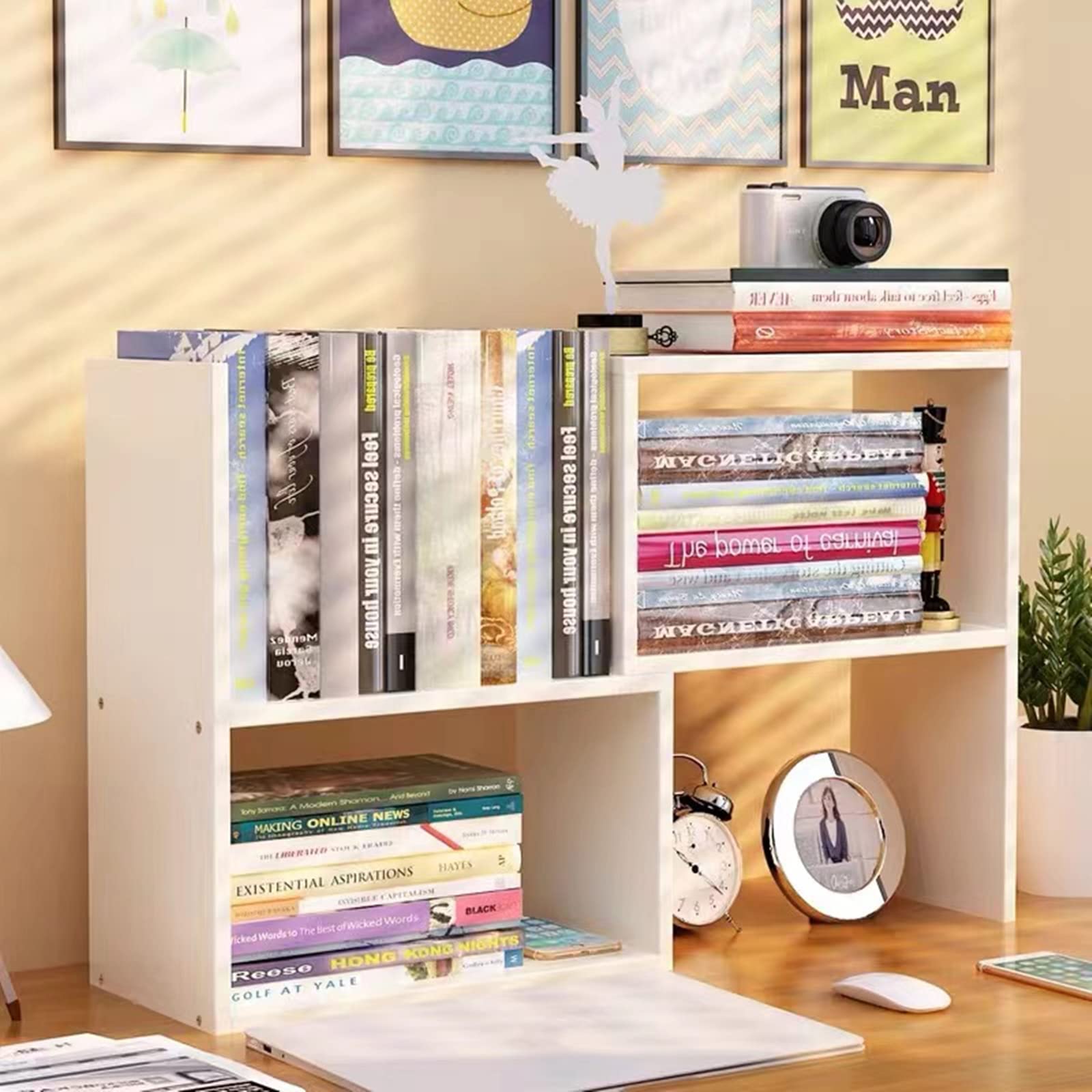 Expandable Wood Desktop Bookshelf - Adjustable Office Organizer & Storage Rack with 360° Rotation - White Home Decor for Workspace, Study & Living Room Organization