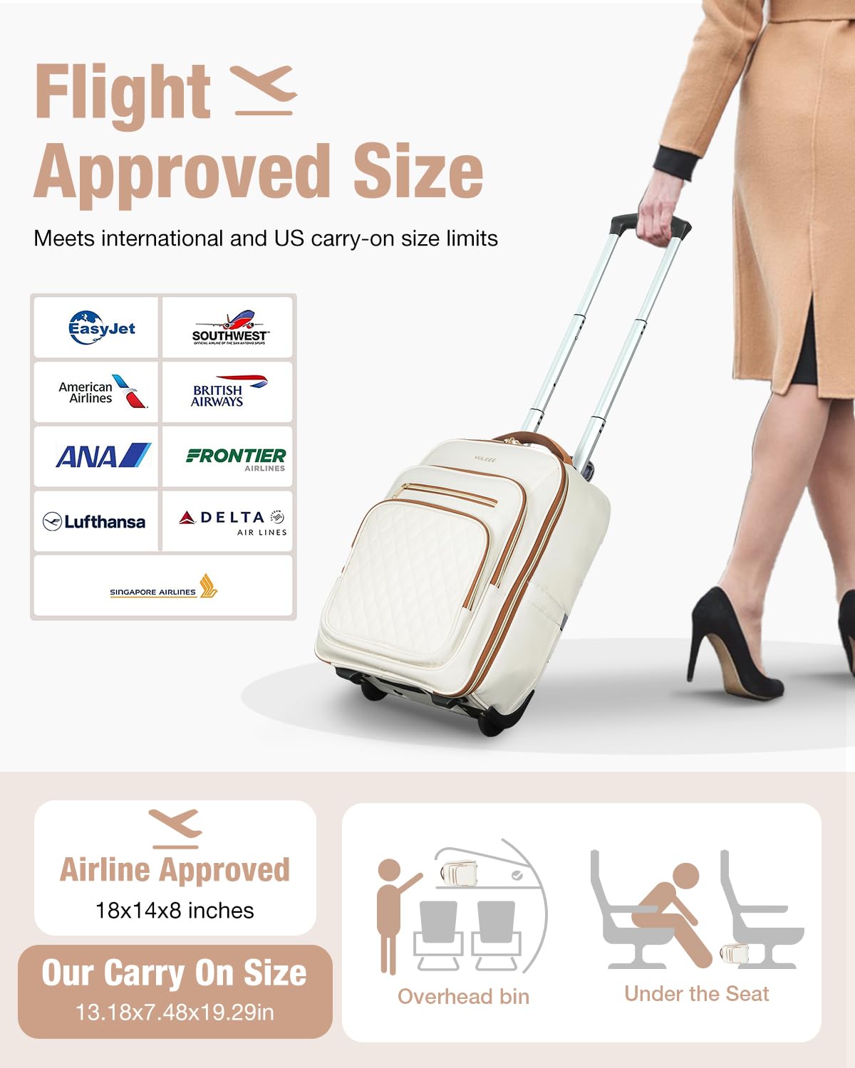 17 Inch Rolling Backpack with Wheels - Water-Resistant Wheeled Laptop Backpack for Women & Men, Carry-On Computer Bag for Travel, College, Work & Commute (Beige) | Perfect for Business Trips, School & Airplane Use