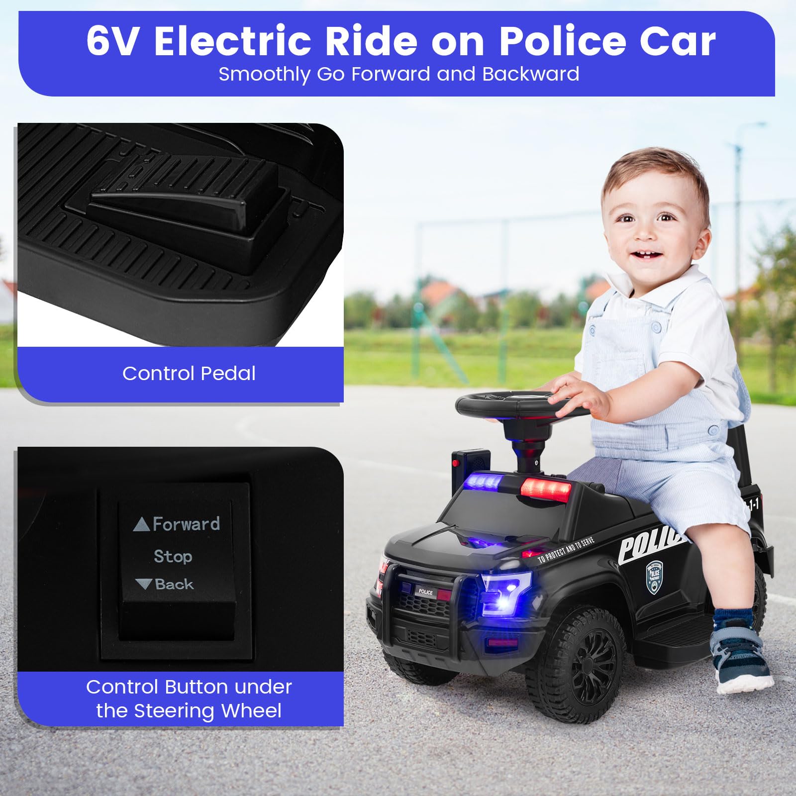 GOLUS 6V Kids Electric Police Car Toy with Megaphone, Siren, LED Lights & Music - Ride-On Toy Vehicle for Boys & Girls Ages 3-6 - Perfect for Outdoor Play, Birthday Gifts & Pretend Police Adventures