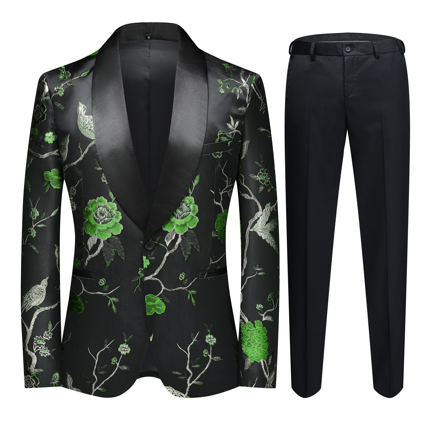 2-Piece Men's Black & Green Bird Embroidered Suit Set - Formal Wedding, Party & Special Occasion Outfit