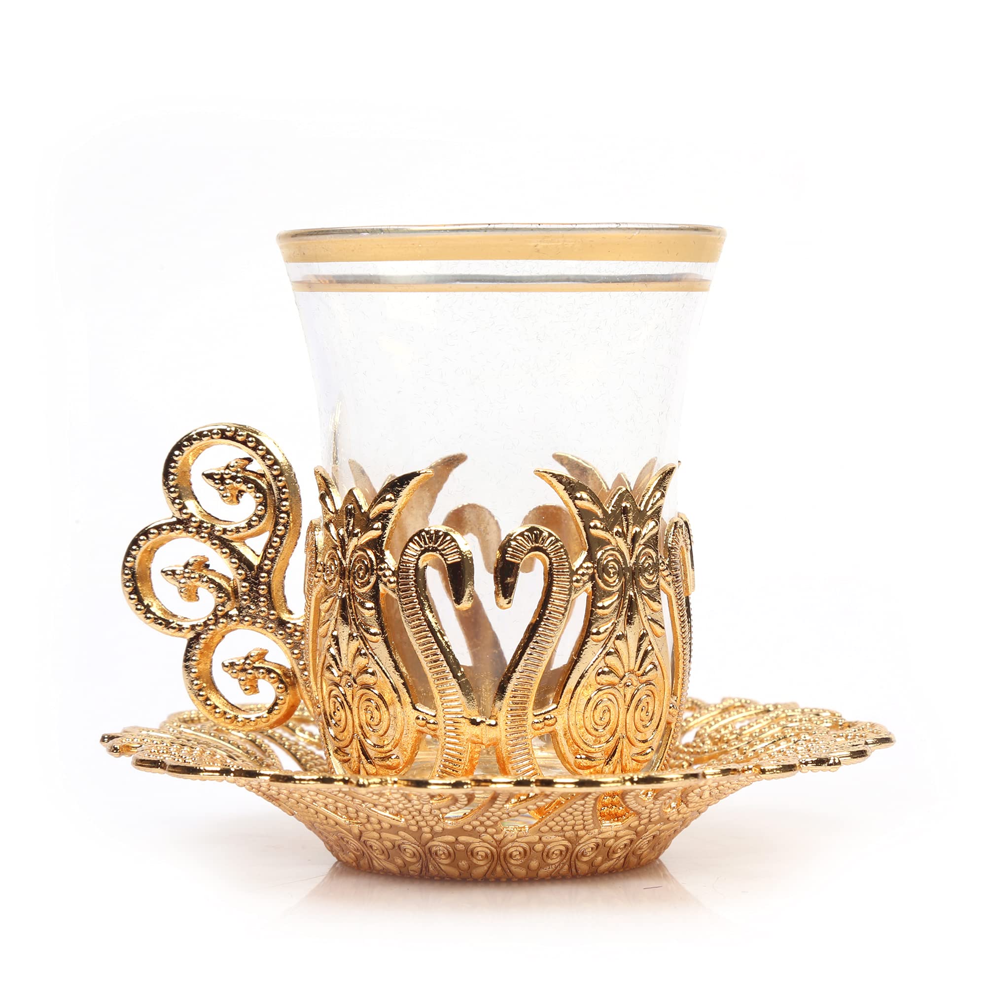 Handmade Turkish Tea Set - 6 Piece Ottoman Style Zamzam Serving Glasses with Saucers & Spoons (Gold) - Perfect for Traditional Tea Ceremonies & Home Decor