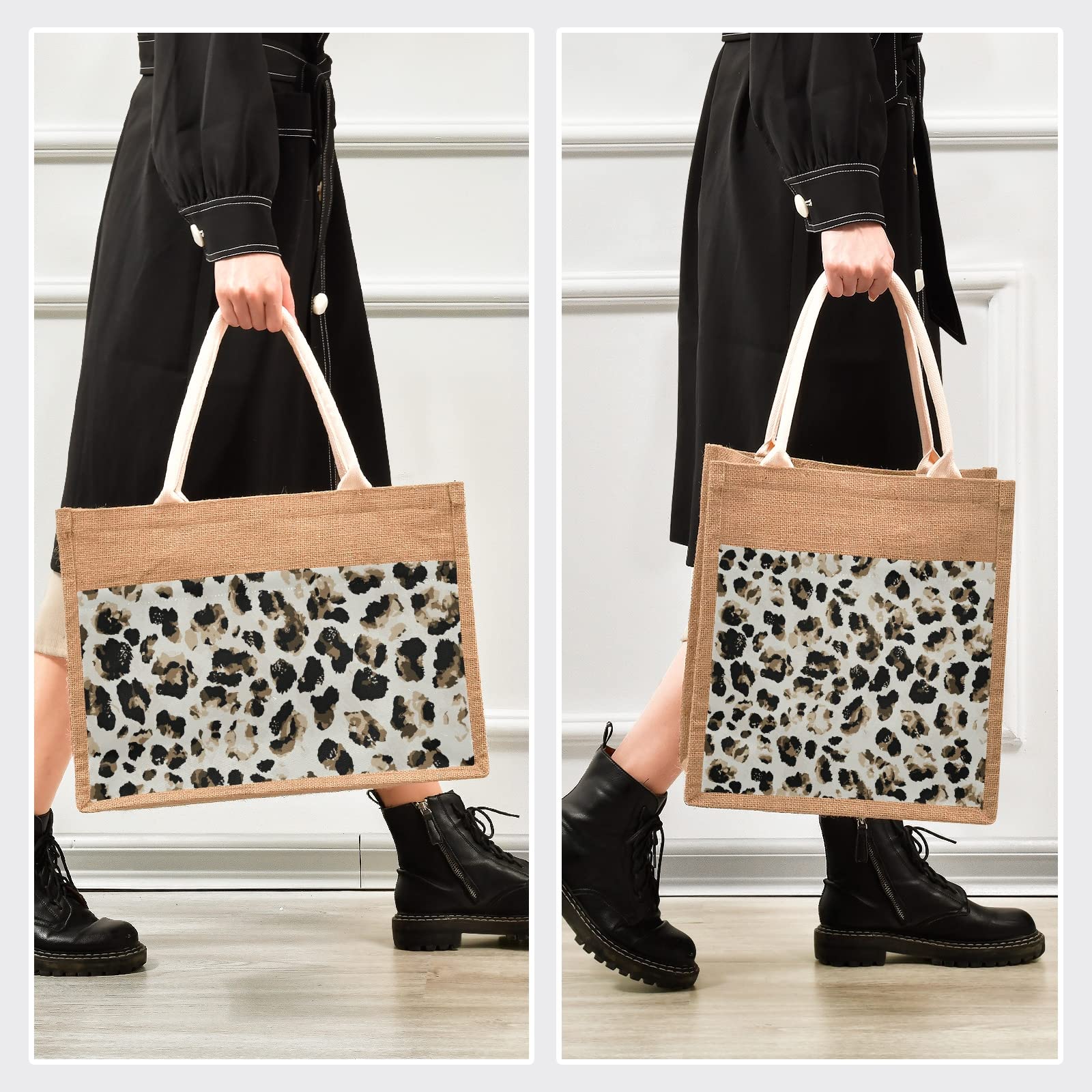 Sinestour Leopard Print Jute Tote Bag with Handle - Eco-Friendly Reusable Grocery Bags for Women | Perfect for Shopping, Beach & Farmers Market