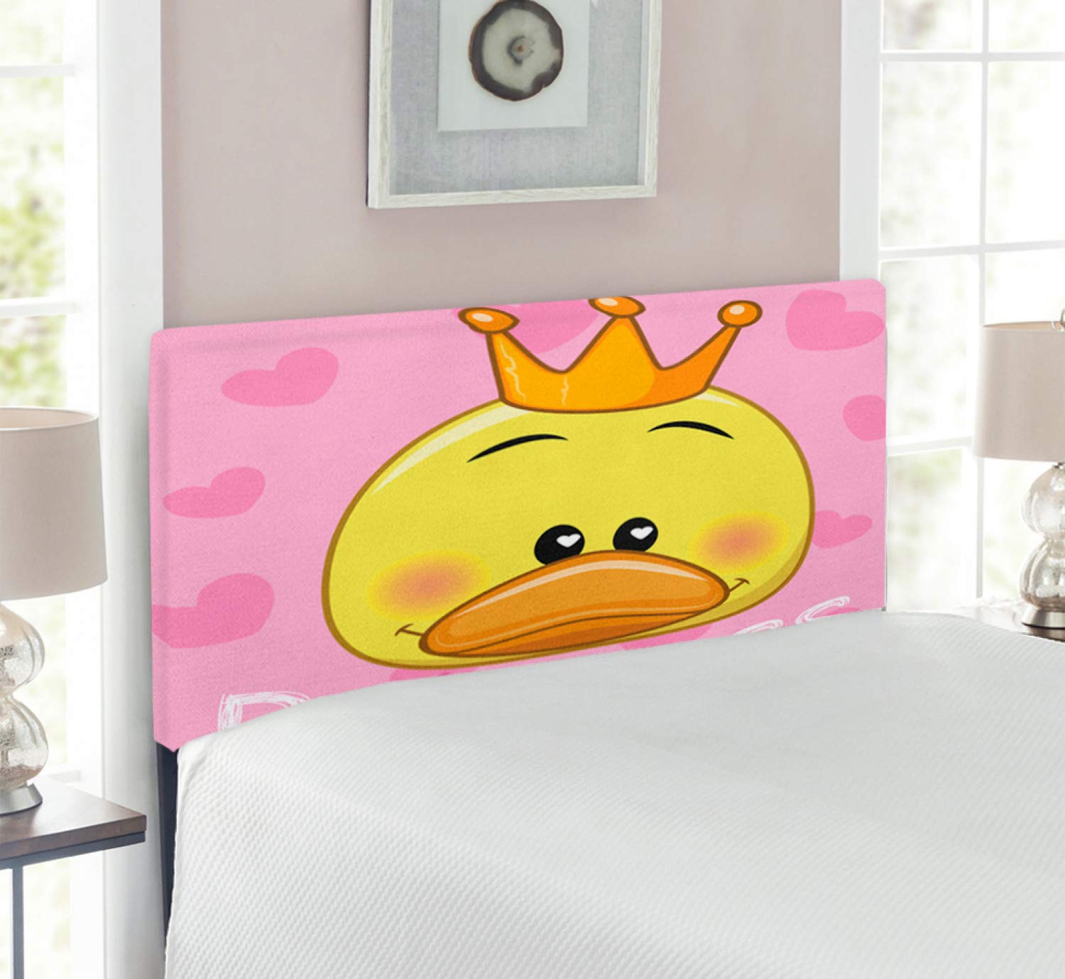 Ambesonne Decorative Feminine Headboard - Cartoon Duck with Tiara & Hearts Design, Upholstered Metal Bed Frame with Memory Foam Padding, Twin Size in Yellow & Pink - Perfect for Girls' Bedroom, Teen Room Decor & Whimsical Home Furnishings