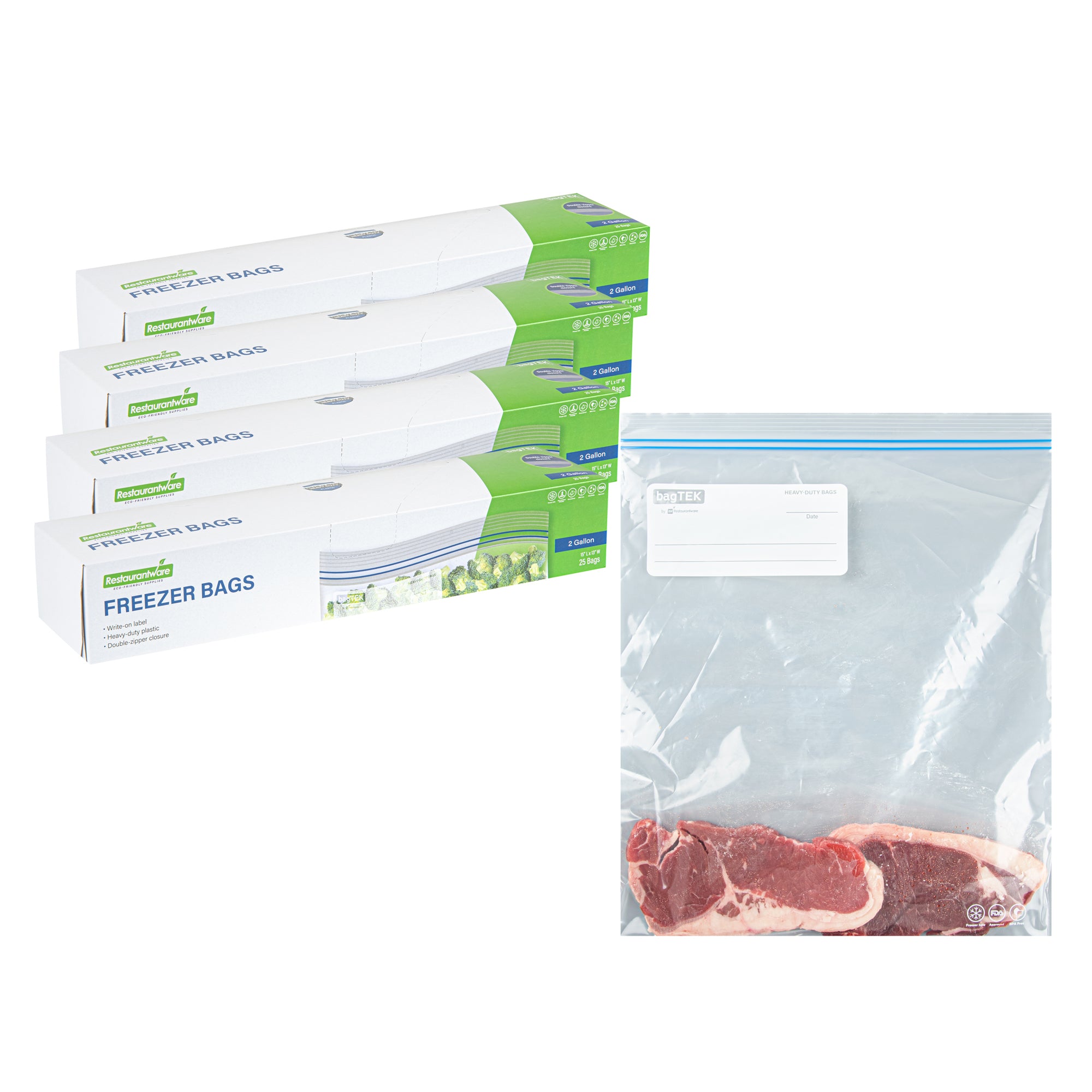 Bag Tek 2 Gallon Clear Plastic Freezer Bags – Double Zipper, Write-On Label, BPA-Free (15 x 13 Inches) – 1000 Count Box – Ideal for Food Storage, Meal Prep & Freezing