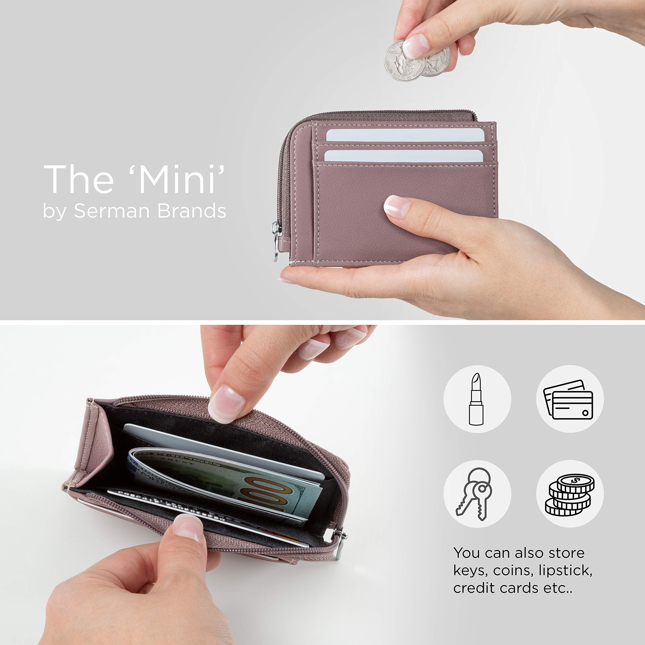 SERMAN BRANDS Women's RFID Blocking Leather Wallet - Compact Zipper Credit Card Holder & Mini Purse for Everyday Use, Travel, and Gift Giving