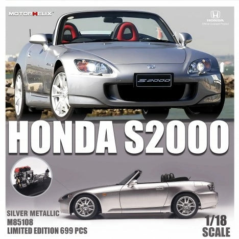 MotorHelix 1/18 Scale Honda S2000 AP2 Diecast Model Car in Metal Silver - Collectible Display for Car Enthusiasts & Perfect Gift for Honda Fans