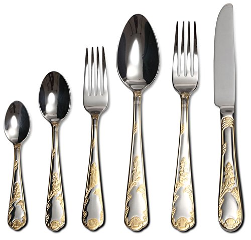 Venezia Collection 75-Piece Stainless Steel Flatware Set - 18/10 Surgical Grade Silverware for 12 with 24K Gold-Plated Serving Pieces - Elegant Dinnerware Cutlery Set for Formal Dining, Wedding Registry & Luxury Entertaining (Hampton)
