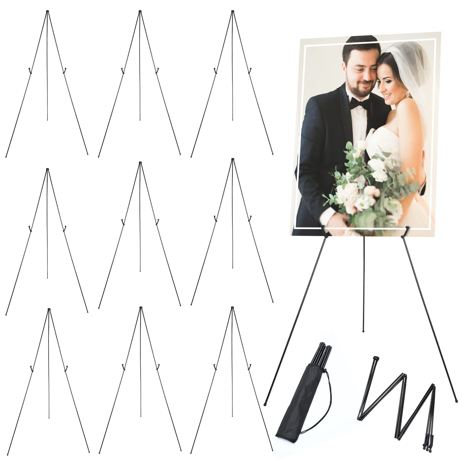 Yexiya 10 Pack 65 Inch Heavy Duty Foldable Metal Easel Stands with Carrying Bag - Black Floor Tripod Display Holder for Wedding Signs, Posters, Art Canvas - Supports 44 lbs - Perfect for Events, Galleries & Classrooms