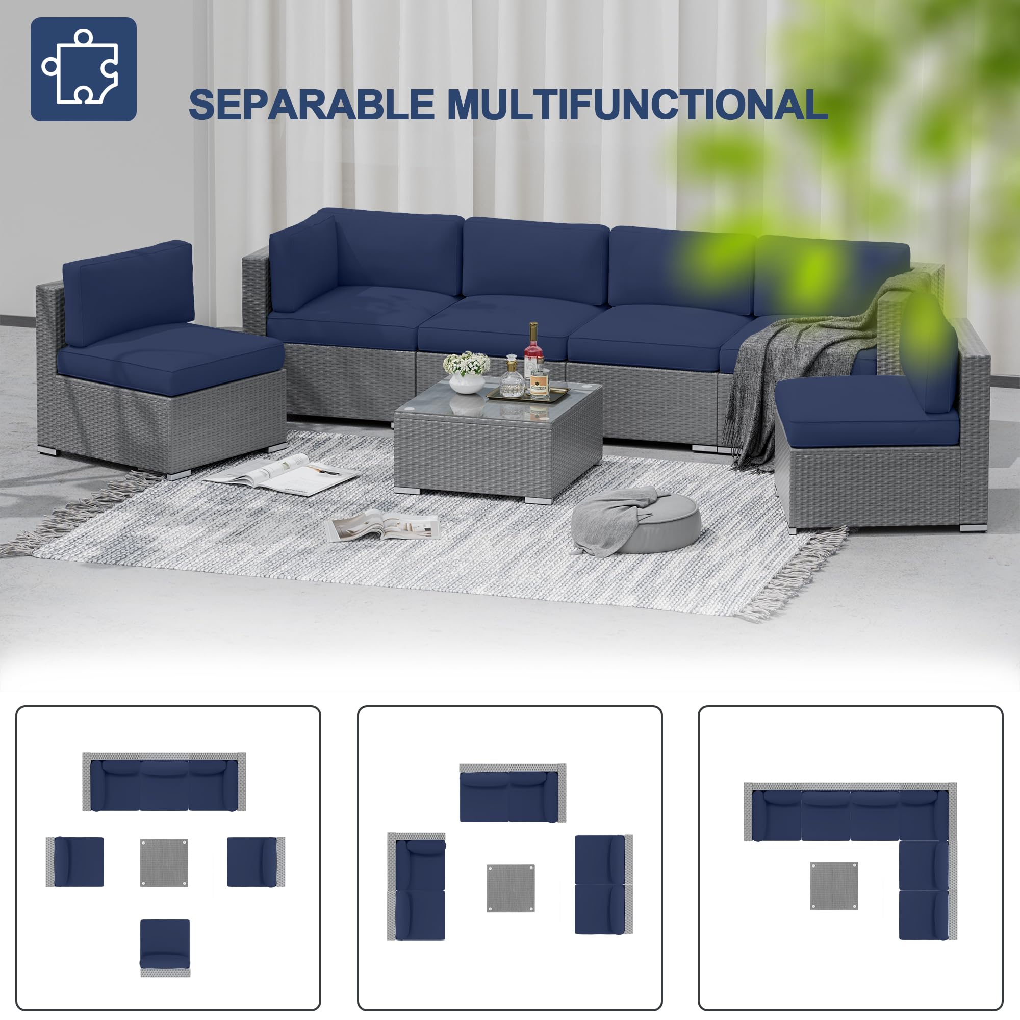 7-Piece Outdoor Patio Furniture Set - Grey Wicker Sectional Sofa with Coffee Table & Dark Blue Cushions | Weather-Resistant Conversation Set for Backyard, Poolside & Garden | Perfect for Entertaining & Relaxing