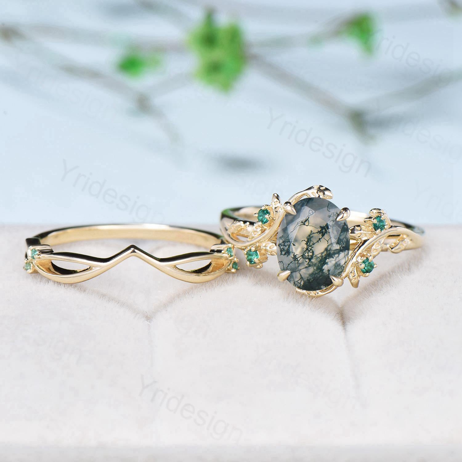 2CT Oval Moss Agate Ring Set in 14K Yellow Gold - Nature Inspired Green Agate Engagement Ring, Cluster Emerald Anniversary Ring for Women - Perfect for Weddings, Proposals & Special Occasions