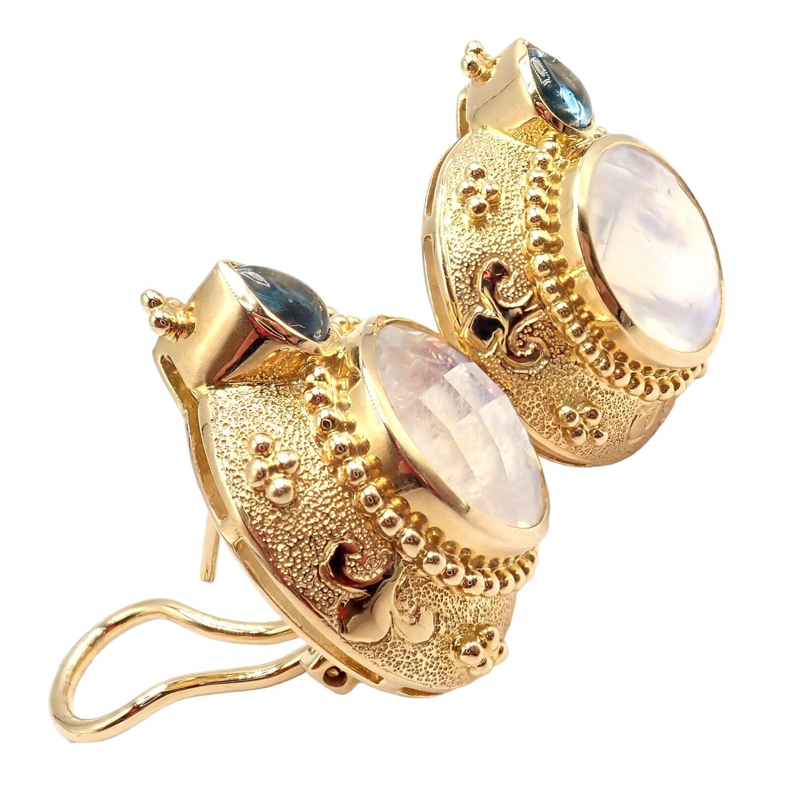 Exquisite Vintage Paula Crevoshay 18K Gold Aquamarine Moonstone Round Earrings - Unique Handcrafted Jewelry for Weddings & Special Occasions
