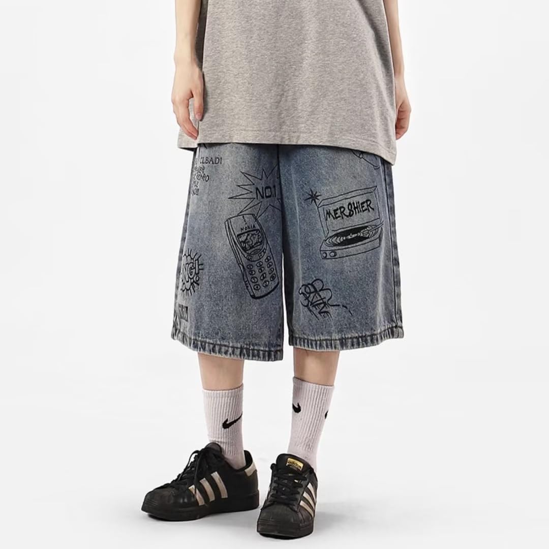 Y2K Jean Jorts - Graffiti Baggy Casual Loose Straight Wide Leg Denim Shorts for Women | Hip Hop Streetwear | Perfect for Music Festivals, Concerts & Urban Fashion