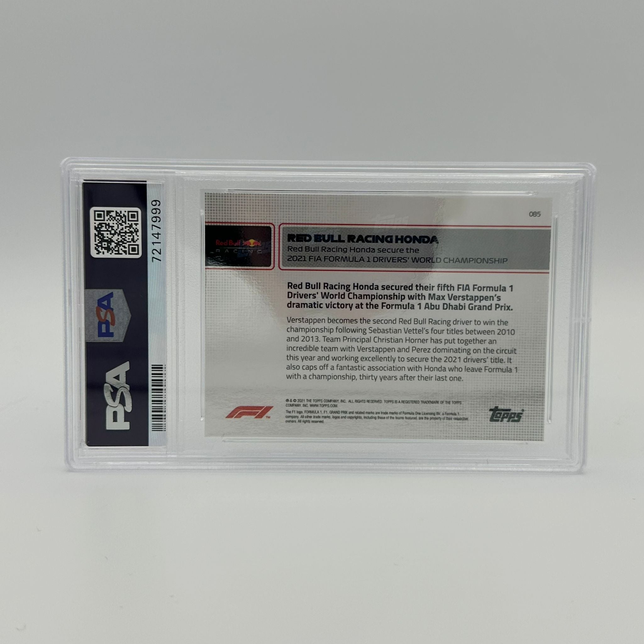 PSA 10 74/99 Red Bull Racing Honda Secure The Drivers' World Championship #85 - Rare Collectible F1 Trading Card for Sports Memorabilia Enthusiasts & Racing Fans
