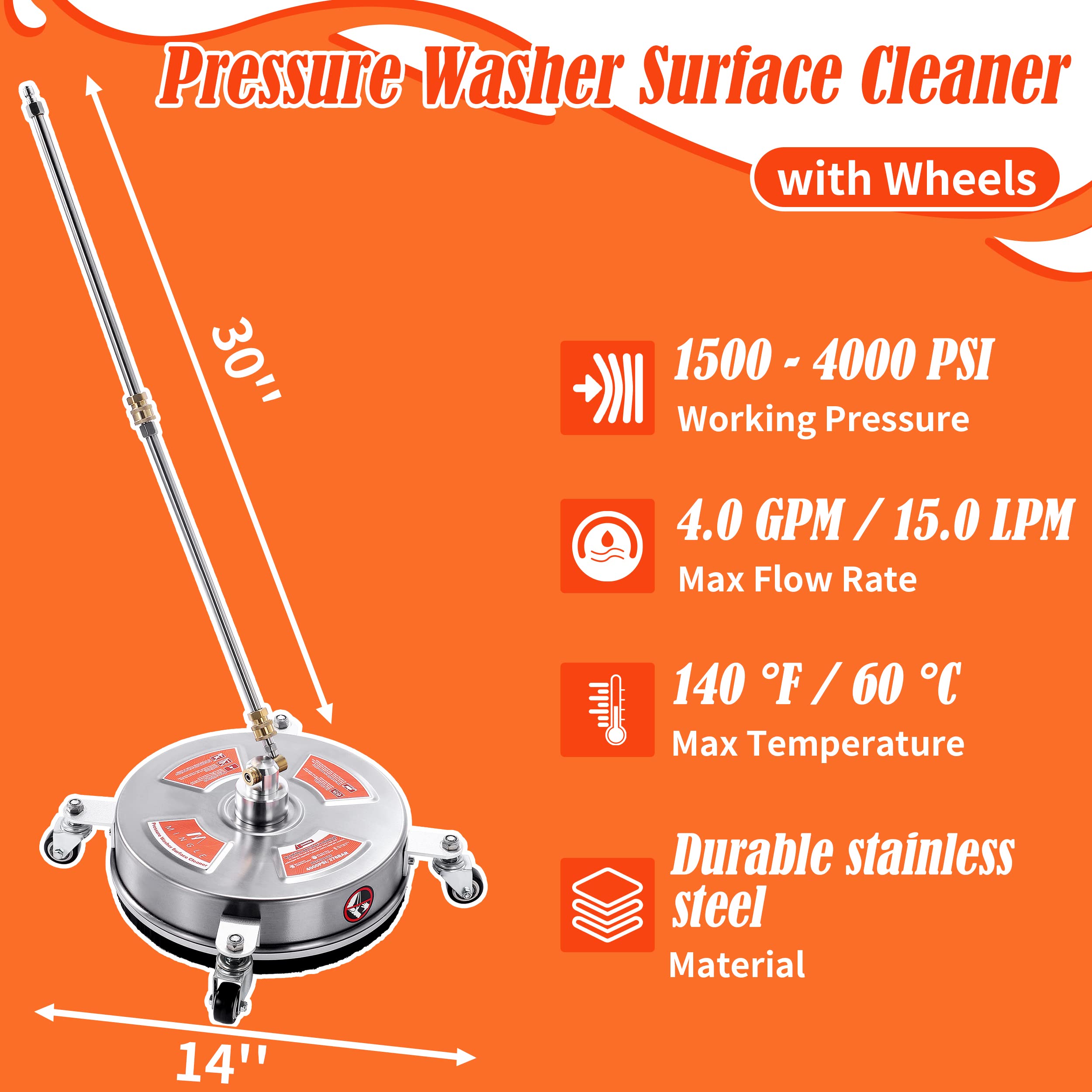M MINGLE 14'' Pressure Washer Surface Cleaner Attachment - Driveway Power Washer Accessory with 2 Extension Wands & 1/4