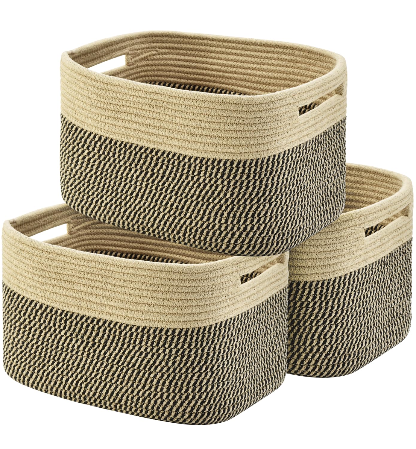Woven Cotton Rope Storage Baskets - 3 Pack Set (Black & Brown) | Decorative Organizing Bins for Shelves, Books, Towels, Toys | Perfect for Home, Office & Nursery Organization