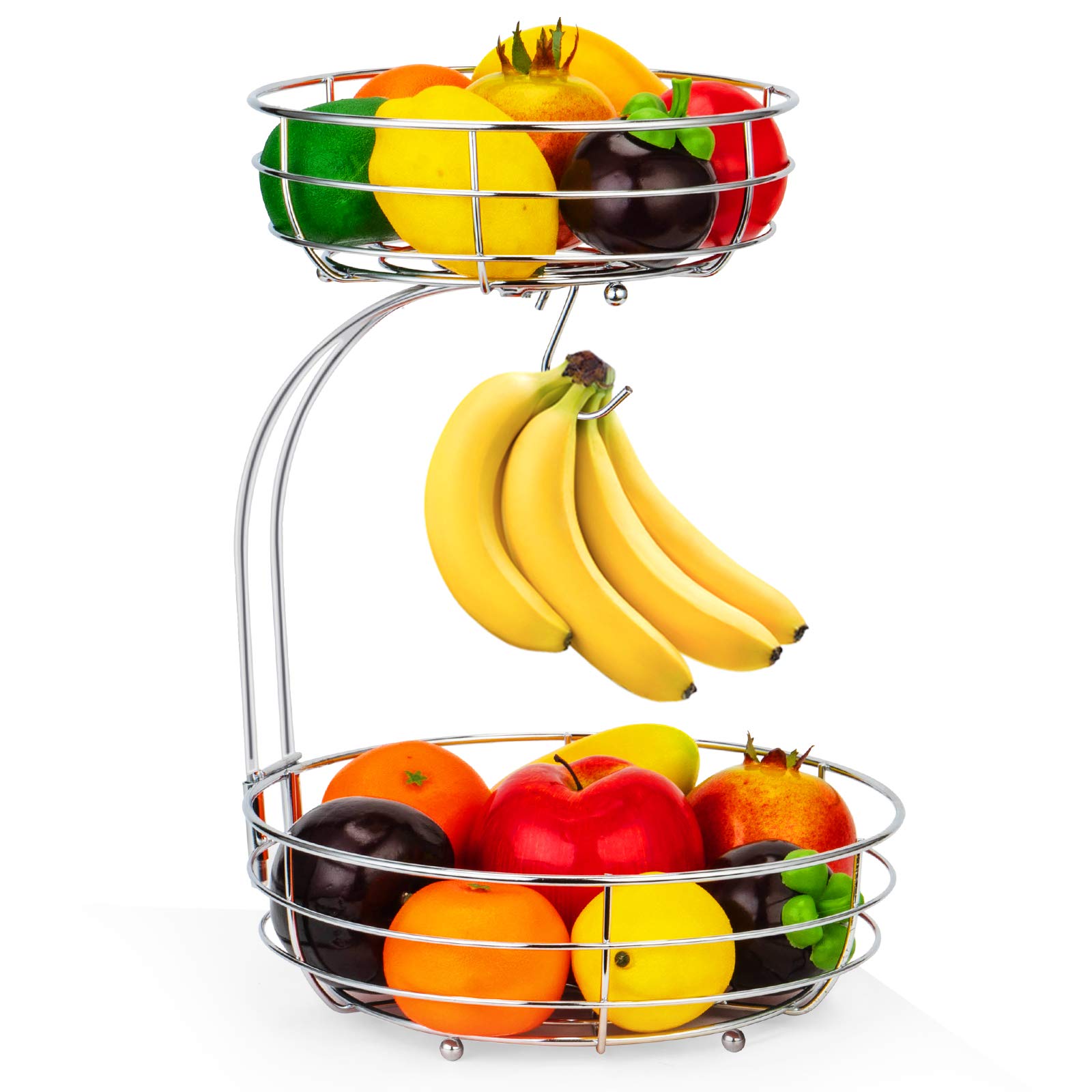 Auledio 2-Tier Countertop Fruit and Vegetable Storage Basket with Banana Hanger - Chrome Metal Kitchen Organizer for Fresh Produce Display in Pantry or Dining Room