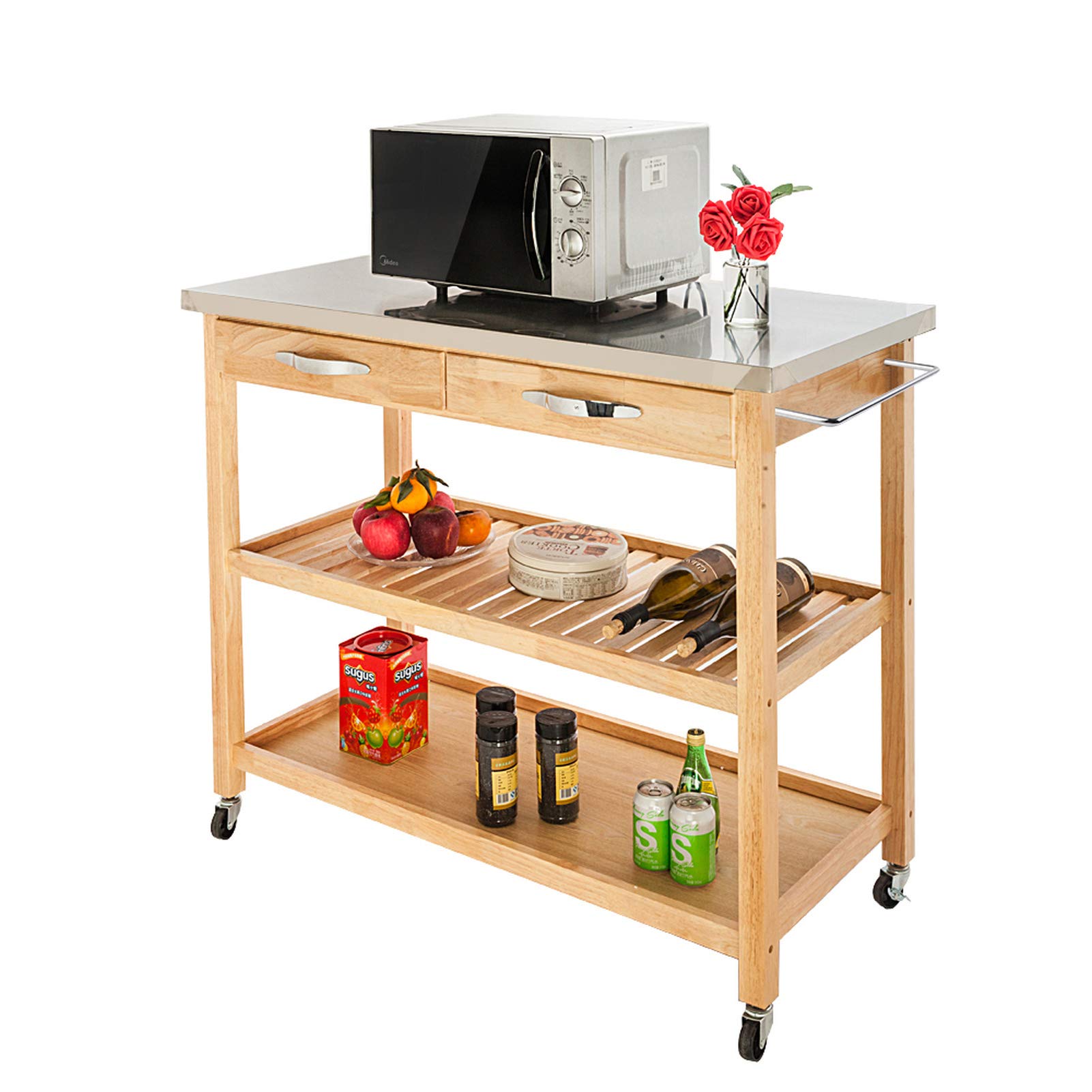 Mytunes Mobile Kitchen Cart with Stainless Steel Top, 2 Drawers & 2 Shelves - Burlywood Beige | Rolling Kitchen Island for Small Spaces, Pantry Storage & Food Prep Station