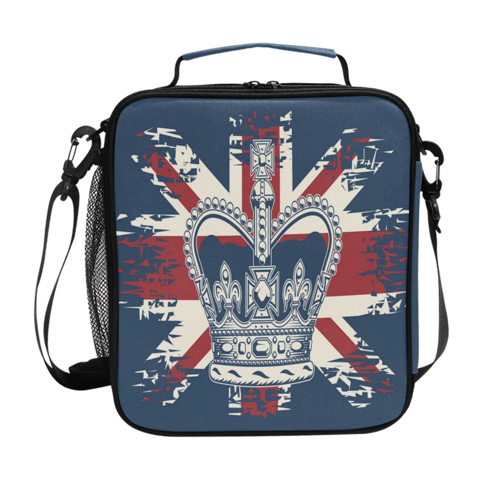 Retro British Flag Crown Insulated Lunch Box - Reusable Thermal Cooler Tote Bag with Shoulder Strap for Kids, Students & Adults - Perfect for School, Work, Picnics & Outdoor Travel