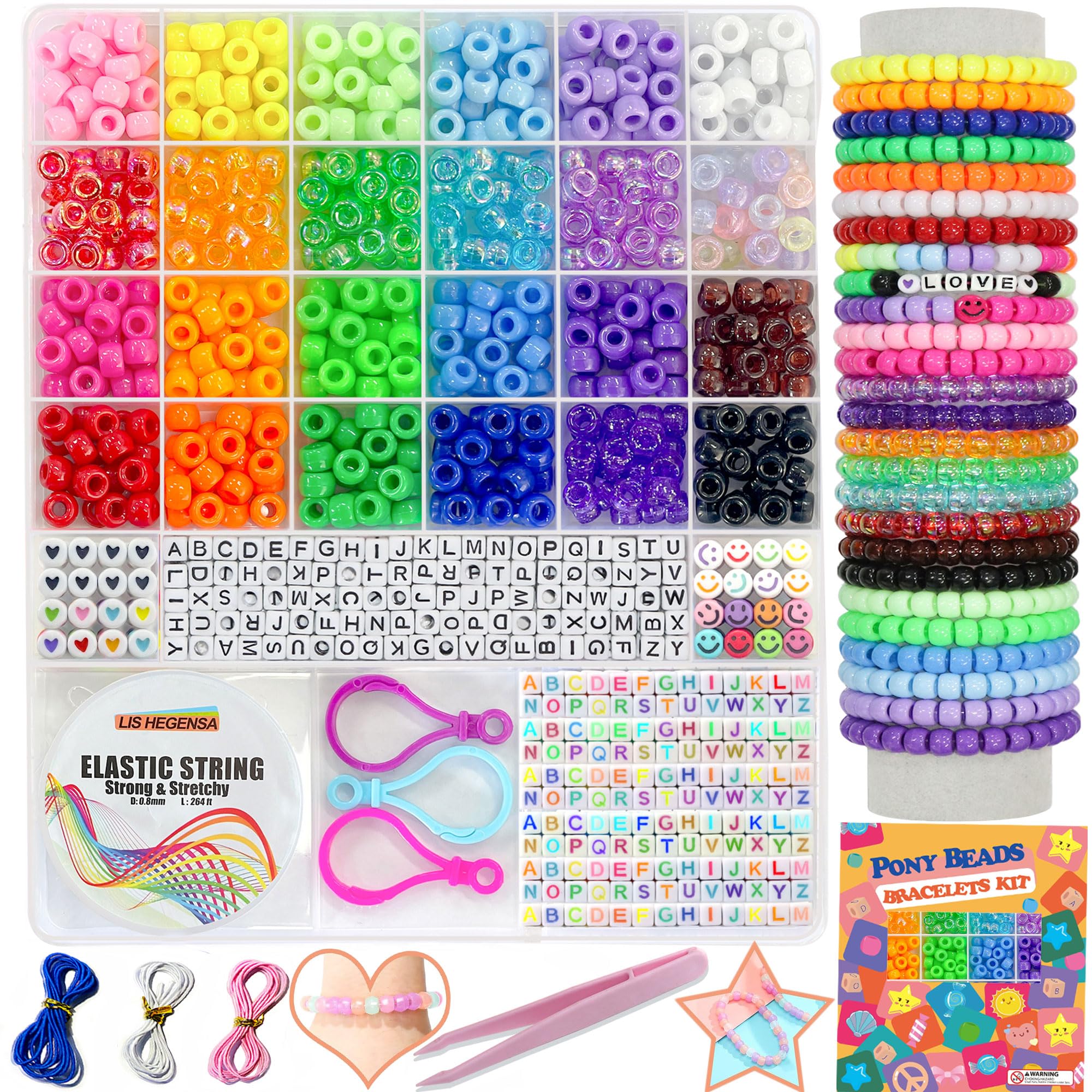 **LIS HEGENSA 1000PCS Bulk Pony Beads for Jewelry Making - 24 Color Plastic Craft Beads for Necklaces, Bracelets, Hair Braiding & DIY Kandi Beads Kit - Perfect for Girls' Crafts, Party Favors & Scrapbooking**