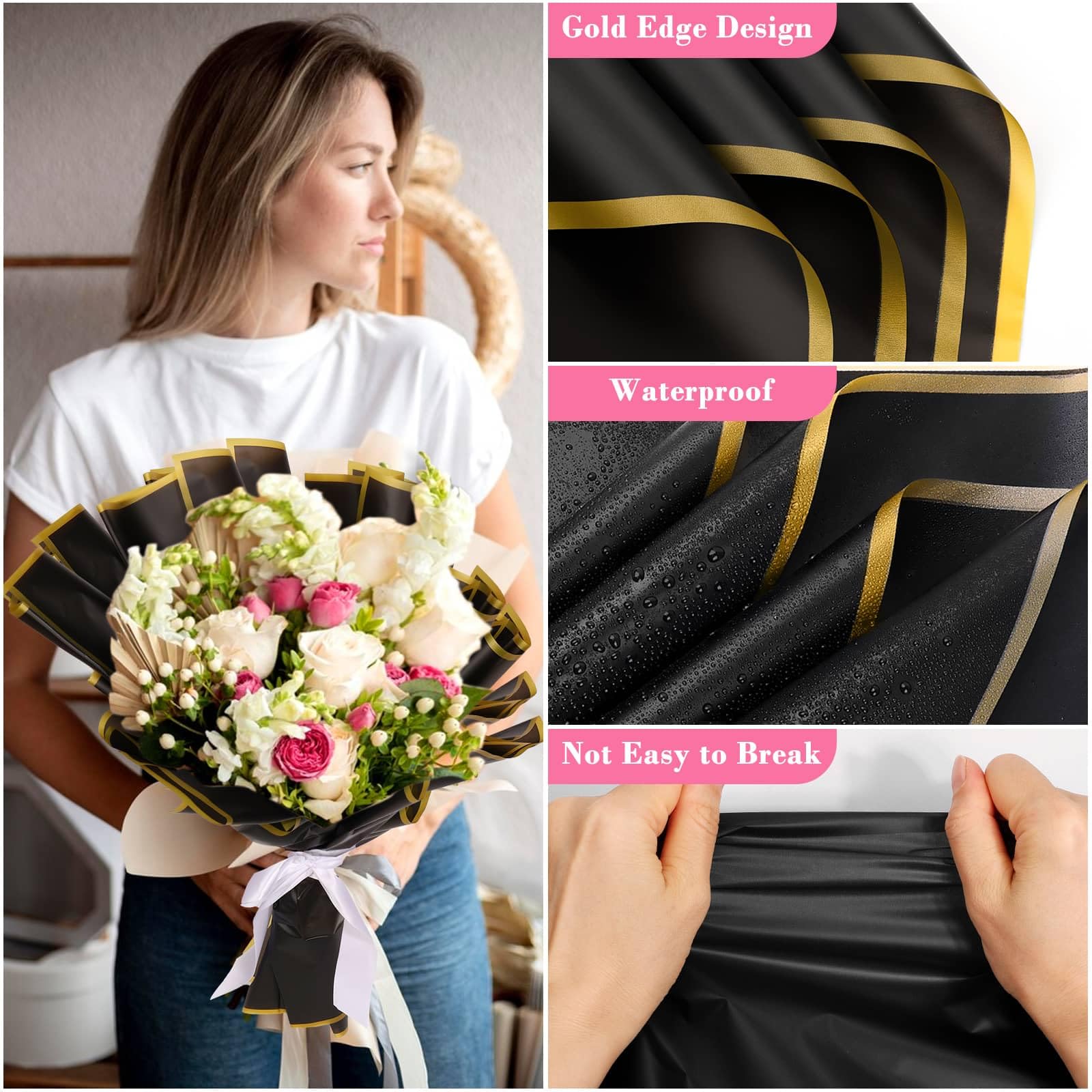 235Pcs Floral Wrapping Paper Set for Bouquets - Includes 20 Black Flower Wrapping Sheets, Butterflies, Rhinestone Pins, Ribbons & Wooden Sticks - Perfect for DIY Money Bouquets, Gift Wrapping & Wedding Decorations
