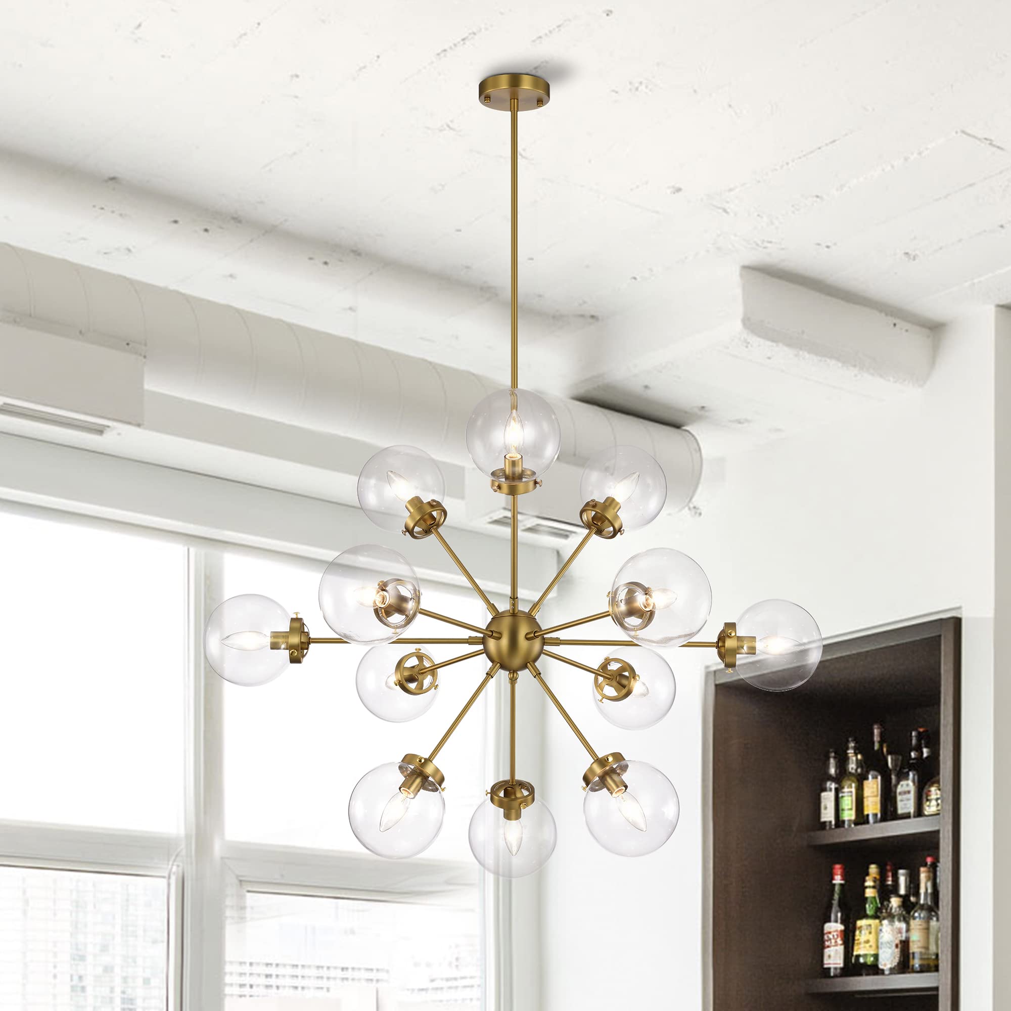 Tiffany Masakee 12-Light Sputnik Chandelier with Clear Glass Globe Shades - Brass & Gold Finish | Modern Dining Room Lighting for Restaurants & Luxury Homes