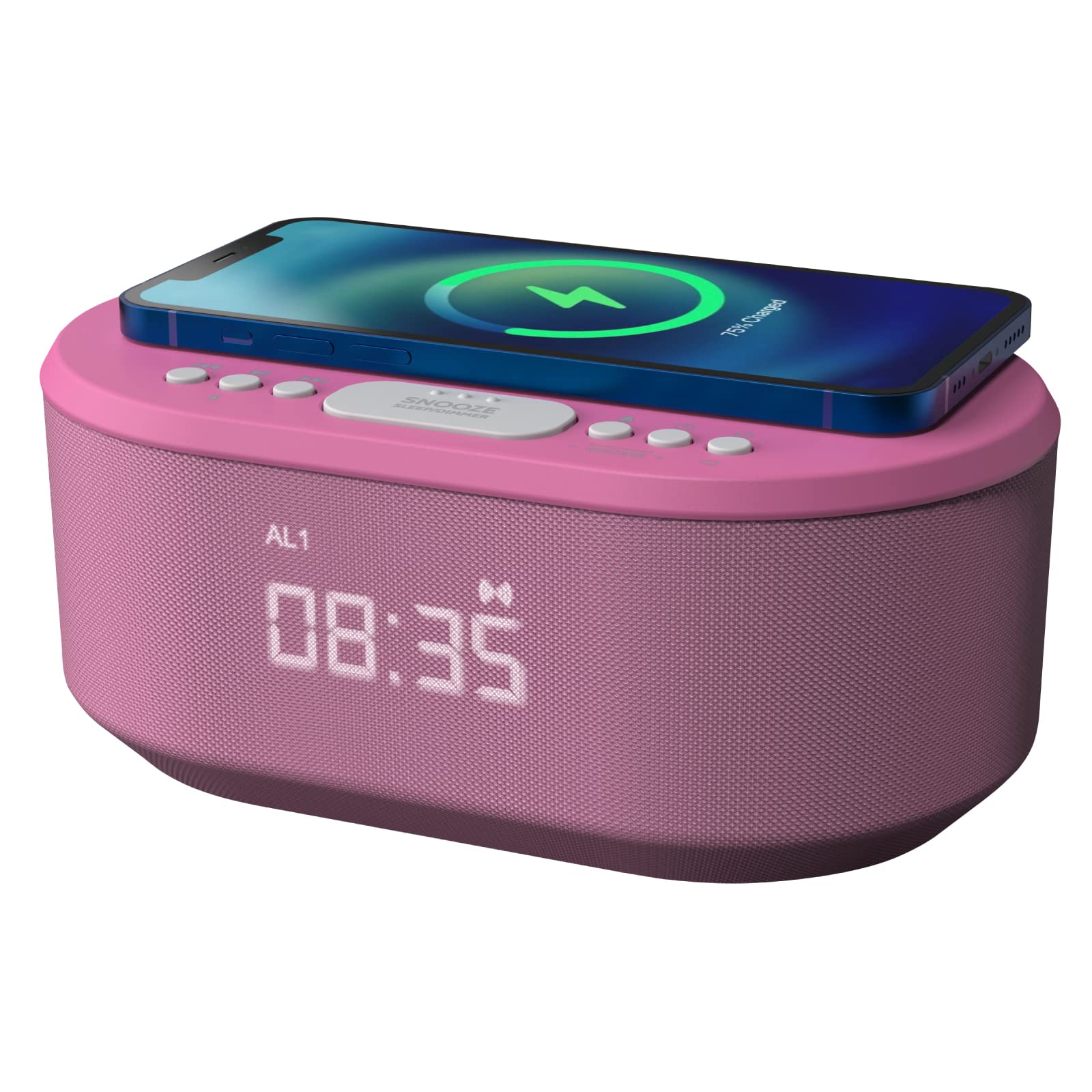 i-Box Bedside Alarm Clock Radio with Bluetooth Speaker, USB Charger & QI Wireless Charging - Dimmable LED Display, Silent Non-Ticking, Mains Powered (Pink) - Perfect for Bedroom, Office, Nightstand & Travel