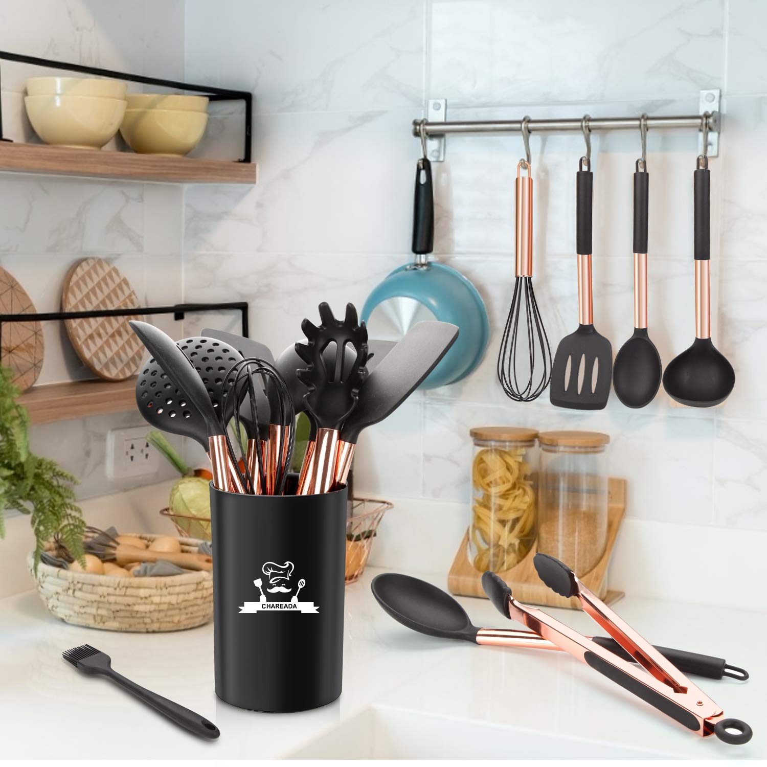 14-Piece Silicone Cooking Utensil Set - Non-Stick, Heat Resistant Kitchen Tools with Copper Stainless Steel Handles (Turner, Tongs, Spatula, Spoon) - BPA Free & Non-Toxic - Perfect for Baking, Frying & Everyday Cooking