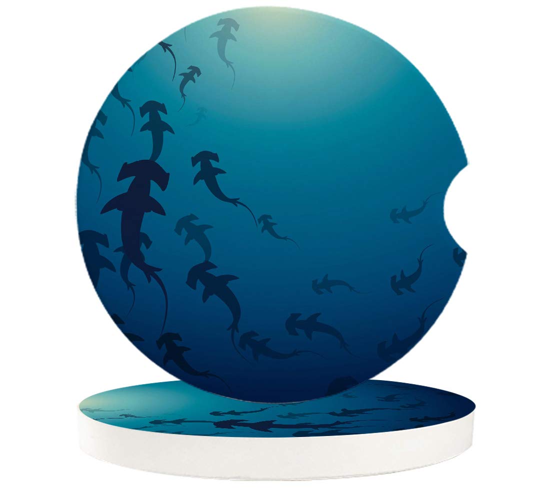 Premium Absorbent Ceramic Car Coasters - Shark & Ocean Theme (2-Pack) | Non-Slip Cup Holders with Easy-Removal Finger Notch | Perfect Car Accessories for Coffee, Drinks & Road Trips