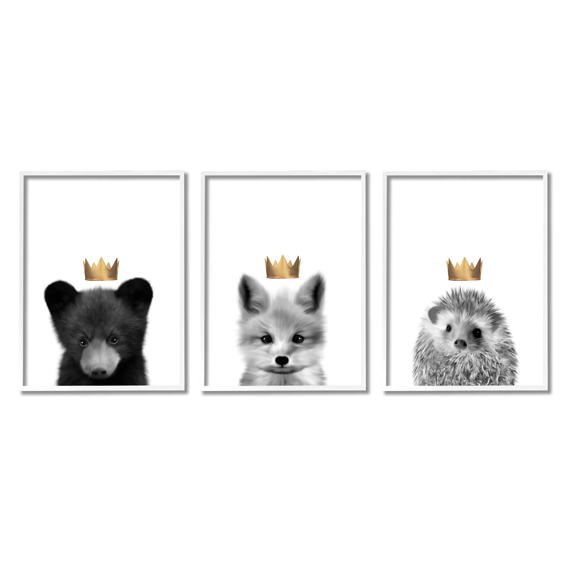 Stupell Industries Woodland Animals Bold Crowns Wall Art Set - Black Bear, Fox & Hedgehog by Leah Straatsma - White Framed 3-Piece Decor (11