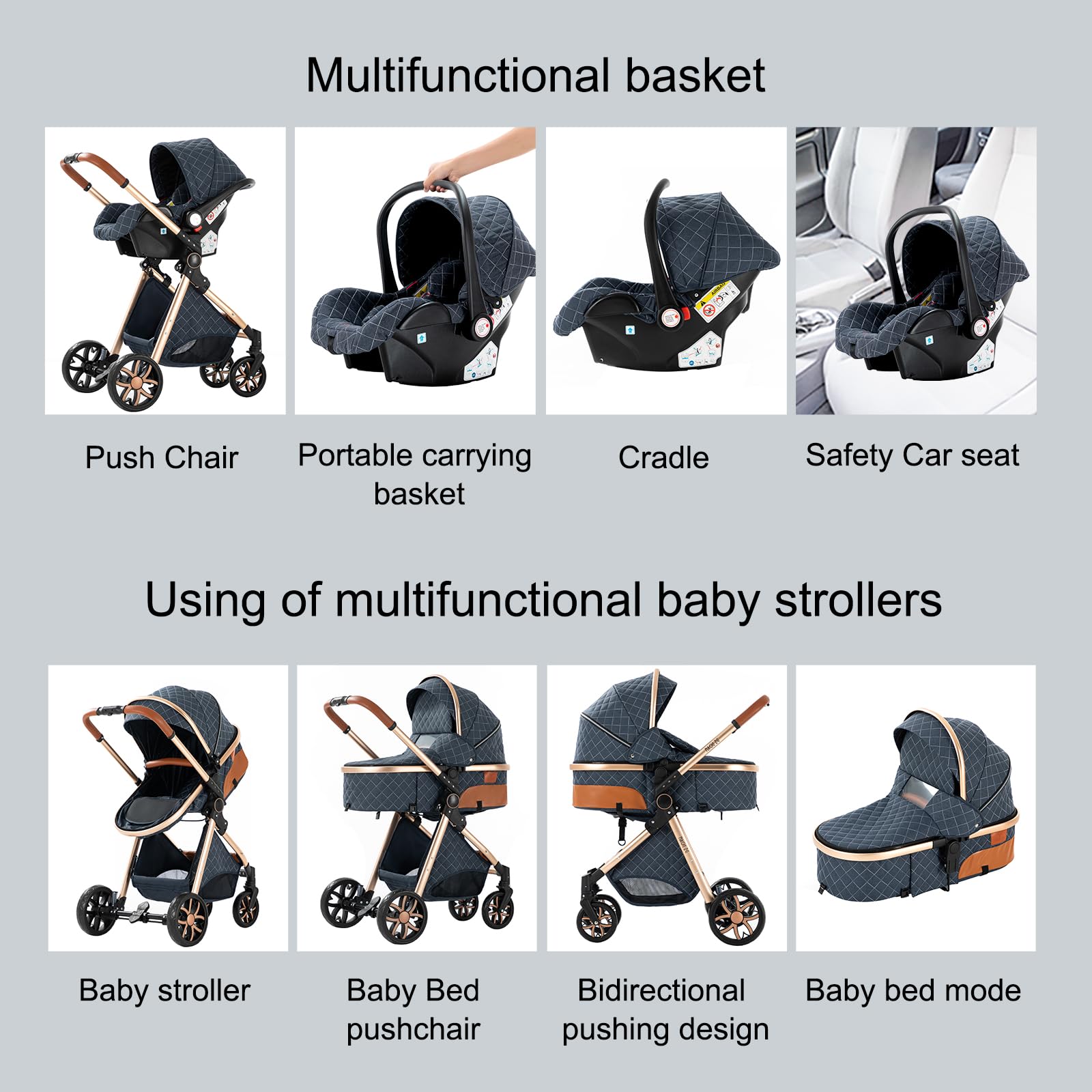3 in 1 Baby Travel System - Reversible Stroller with Foldable Design & Luxury Pram for Newborn to Toddler | Portable Pushchair with Base (UDV9-PINK) | Perfect for Shopping, Park Outings & Family Travel