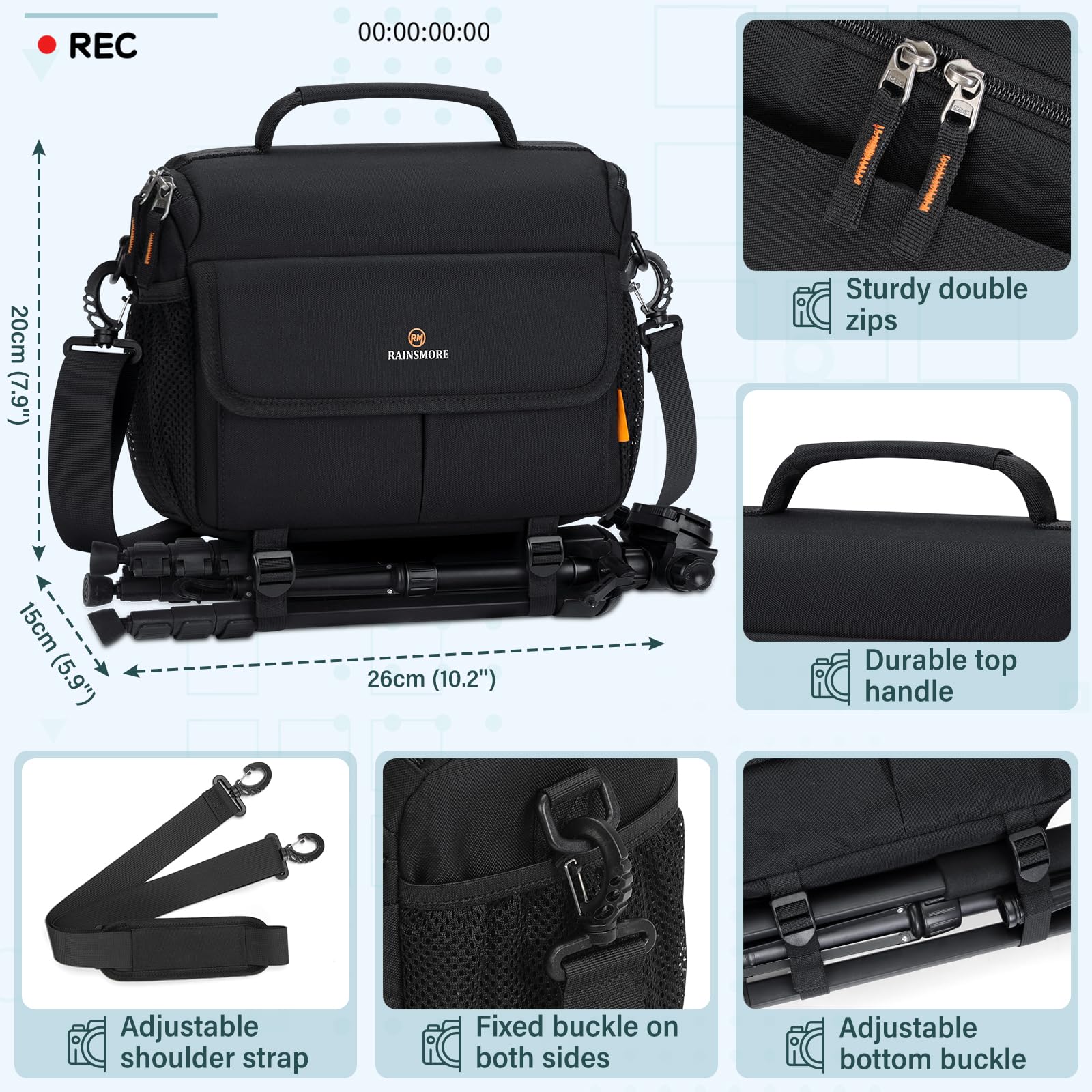 RAINSMORE Waterproof DSLR Camera Sling Bag - Compact Crossbody Shoulder Bag for DSLR/SLR/Mirrorless Cameras with Tripod Holder & Rain Cover (Black) - Perfect for Travel, Hiking & Outdoor Photography