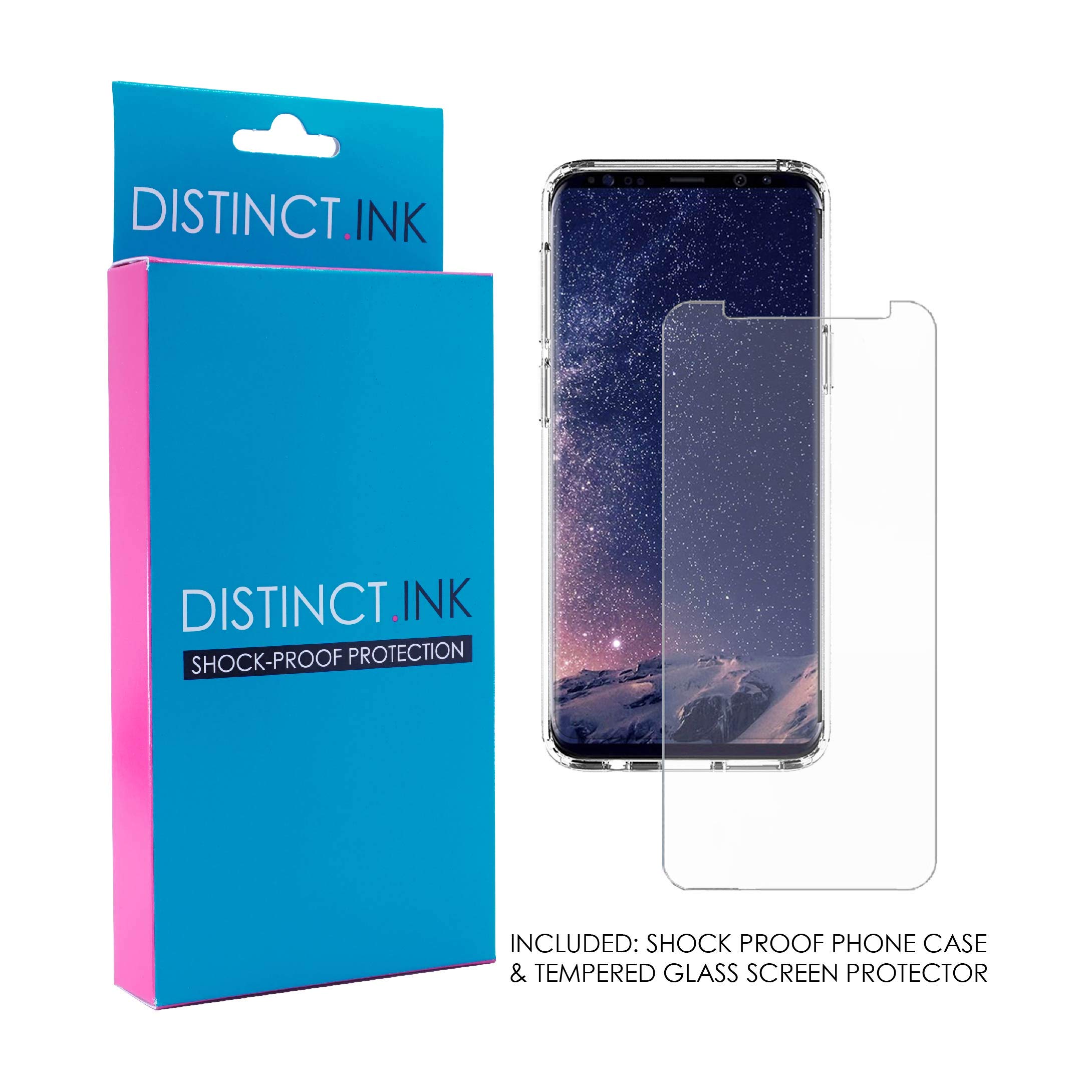 Galaxy S9 Shockproof Hybrid Case (5.8 Inch) - Clear TPU Bumper with Acrylic Back & Tempered Glass Screen Protector - Fuchsia White Polka Dot Design - Protective Phone Cover for Women & Teens - Perfect for Work, School & Everyday Use