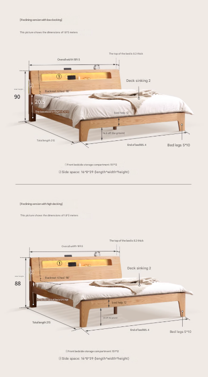 Solid Oak and Beech Wood Bed with Built-in LED Lights and Bookshelf - Modern Bedroom Furniture for Small Spaces, Lofts, and Studio Apartments