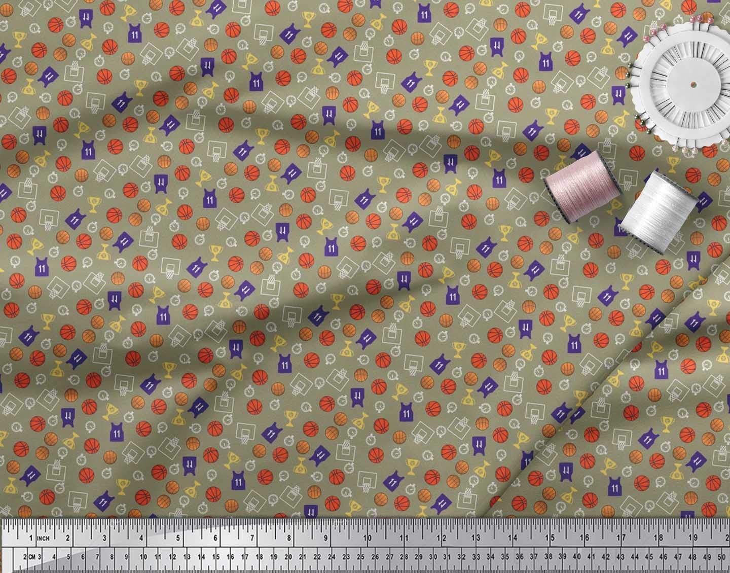 Soimoi Rayon Green Fabric by The Yard - 42 Inch Wide - Sports Championship Print with Trophy, Timer Clock & Basketball Design - Perfect for DIY Crafts, Quilting, Apparel, and Home Decor Projects