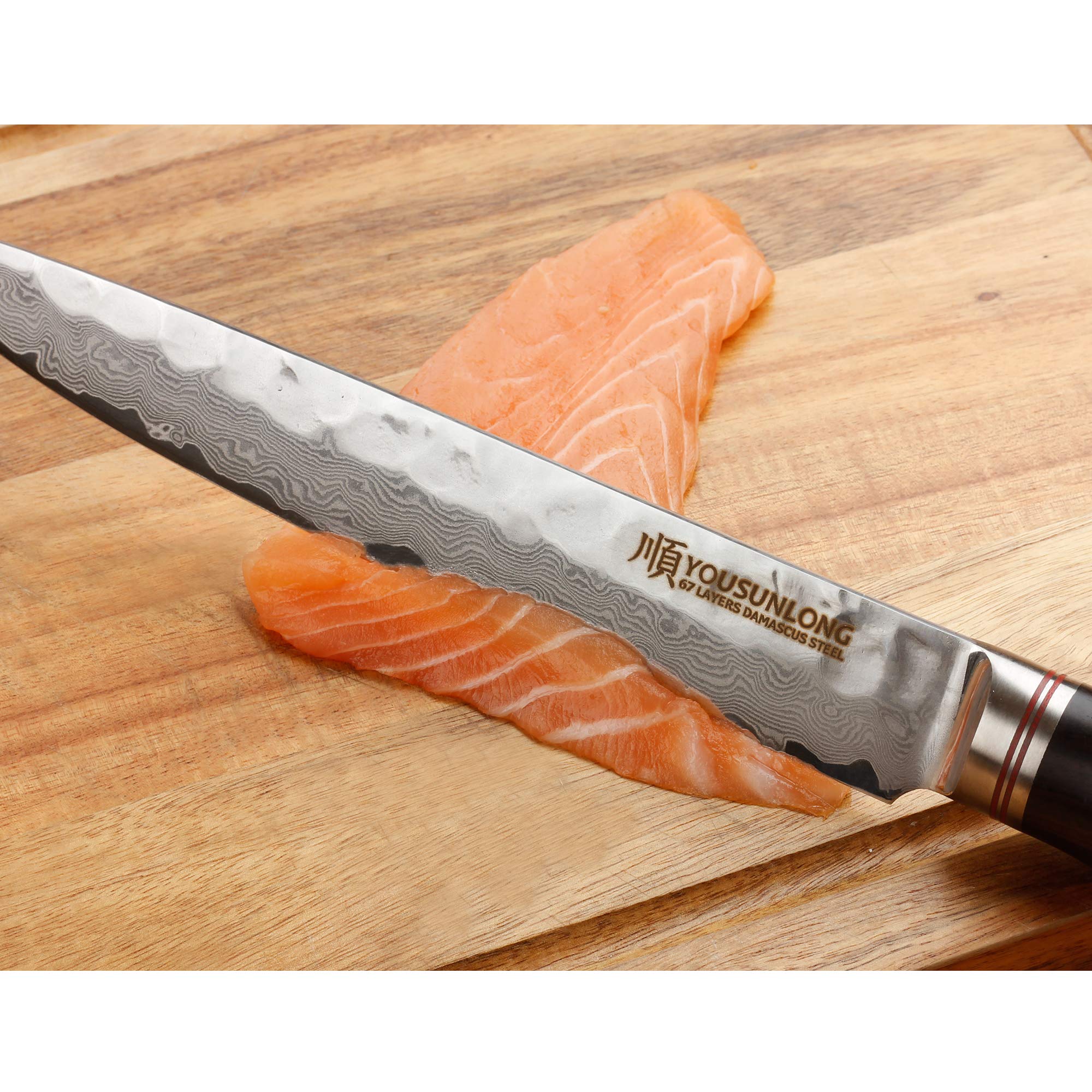 Premium 8 Inch Japanese Damascus Carving Knife - Handcrafted Hammered Steel Blade with Natural Leadwood Handle & Leather Sheath - Perfect for Slicing Meat, Vegetables & Culinary Arts