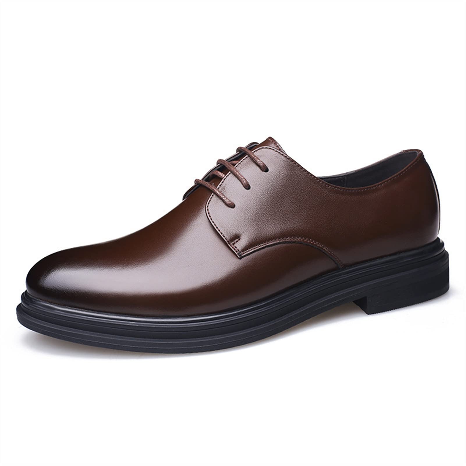 Men's Leather Oxford Dress Shoes - Lace Up Round Toe Derby Shoes in Black Burnished Leather with Non-Slip Rubber Sole & Block Heel | Formal Business Attire, Wedding Party & Office Wear
