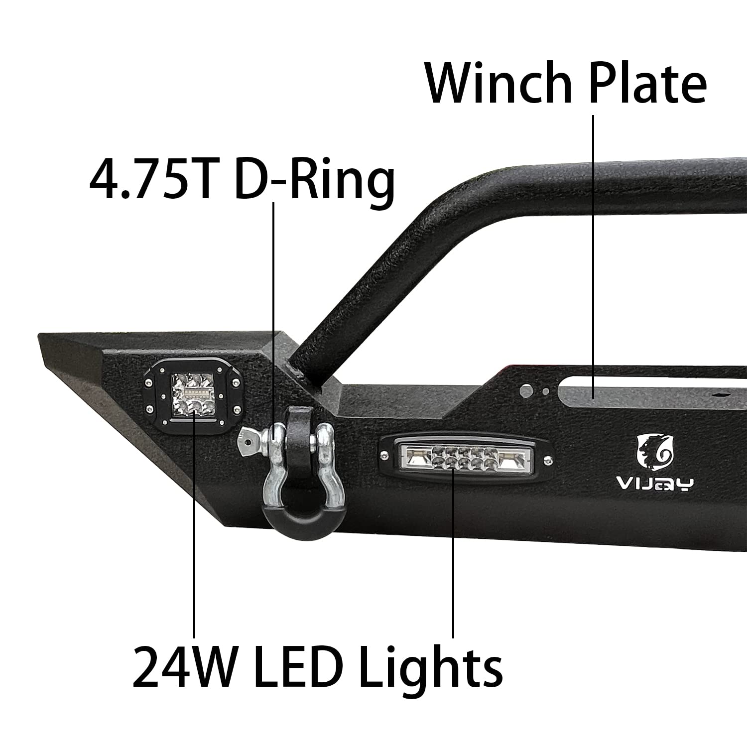 TlOYAR Black Textured Front Bumper with Winch Plate, 4 Aluminum Lights & D-Rings | Compatible with 2007-2025 Jeep Wrangler JK/JKU/JL/JLU & 2020-2025 Gladiator JT | Off-Road Adventure & Truck Protection