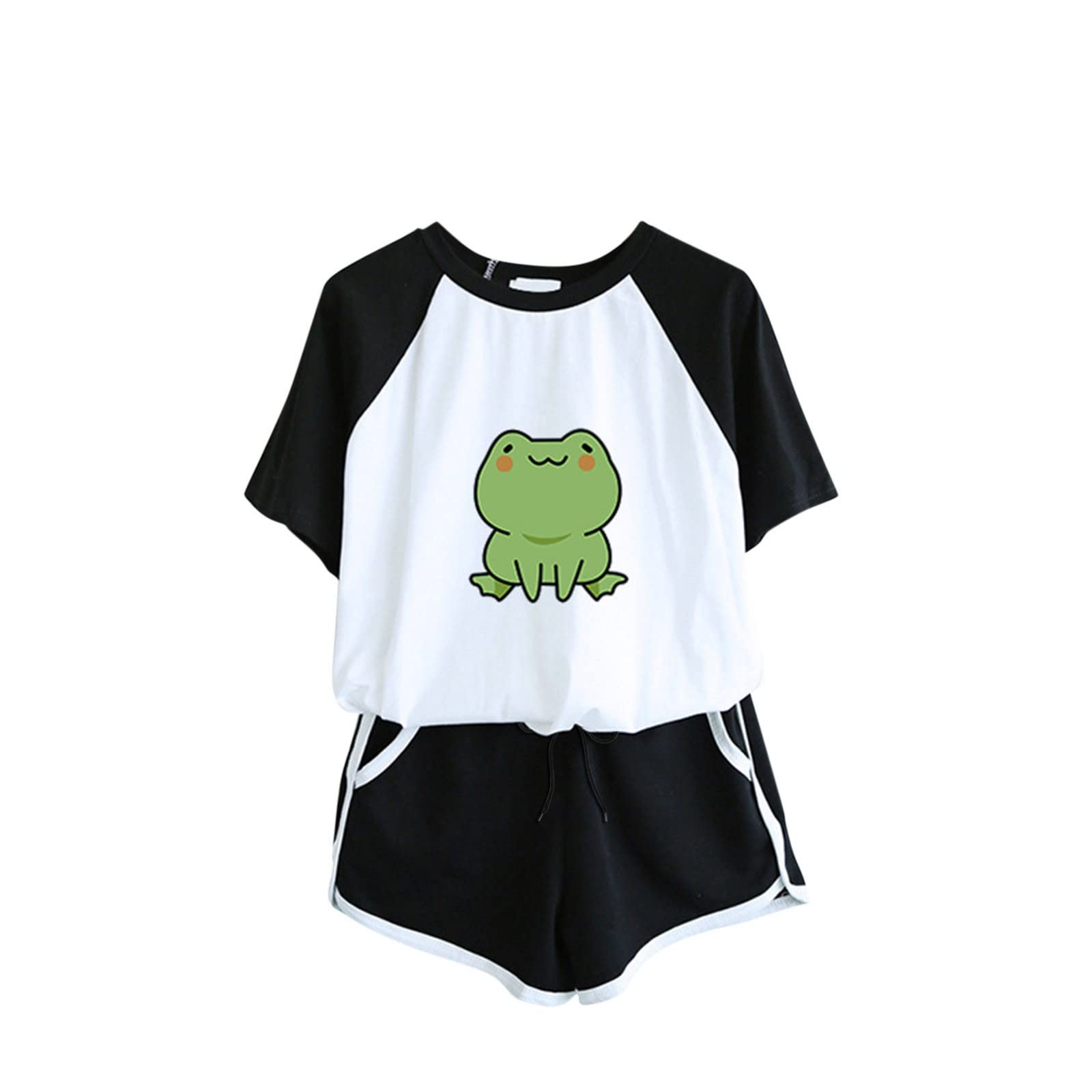 Women's Comfy Pajama Set - Short Sleeve Top & Shorts 2-Piece Sleepwear with Cute Frog Print | Soft Lounge Wear for Sleep, Relaxing at Home & Vacation