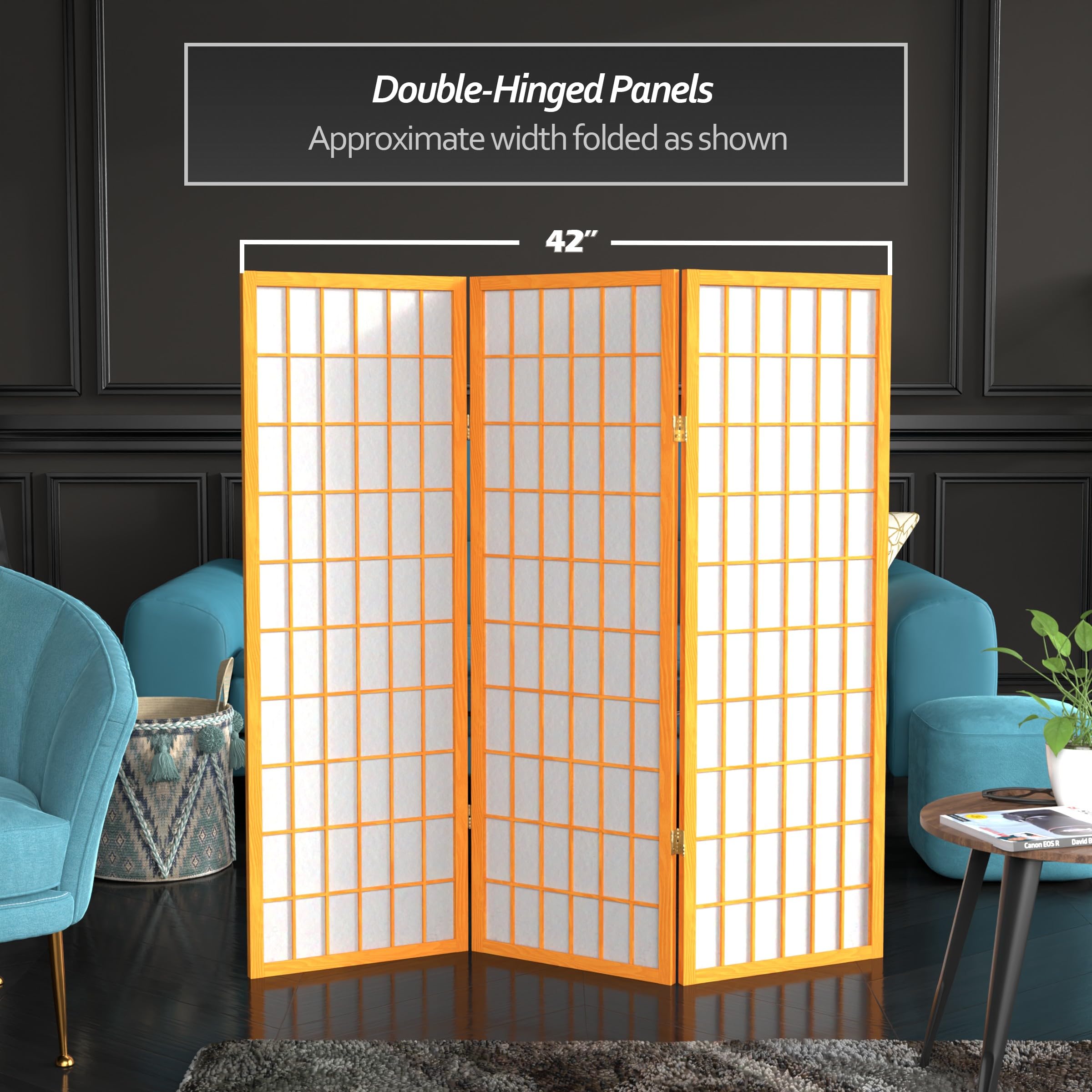 4 ft. Short Window Pane Shoji Screen - Honey Finish - 3 Panel Room Divider for Home Office, Bedroom, or Living Room Privacy