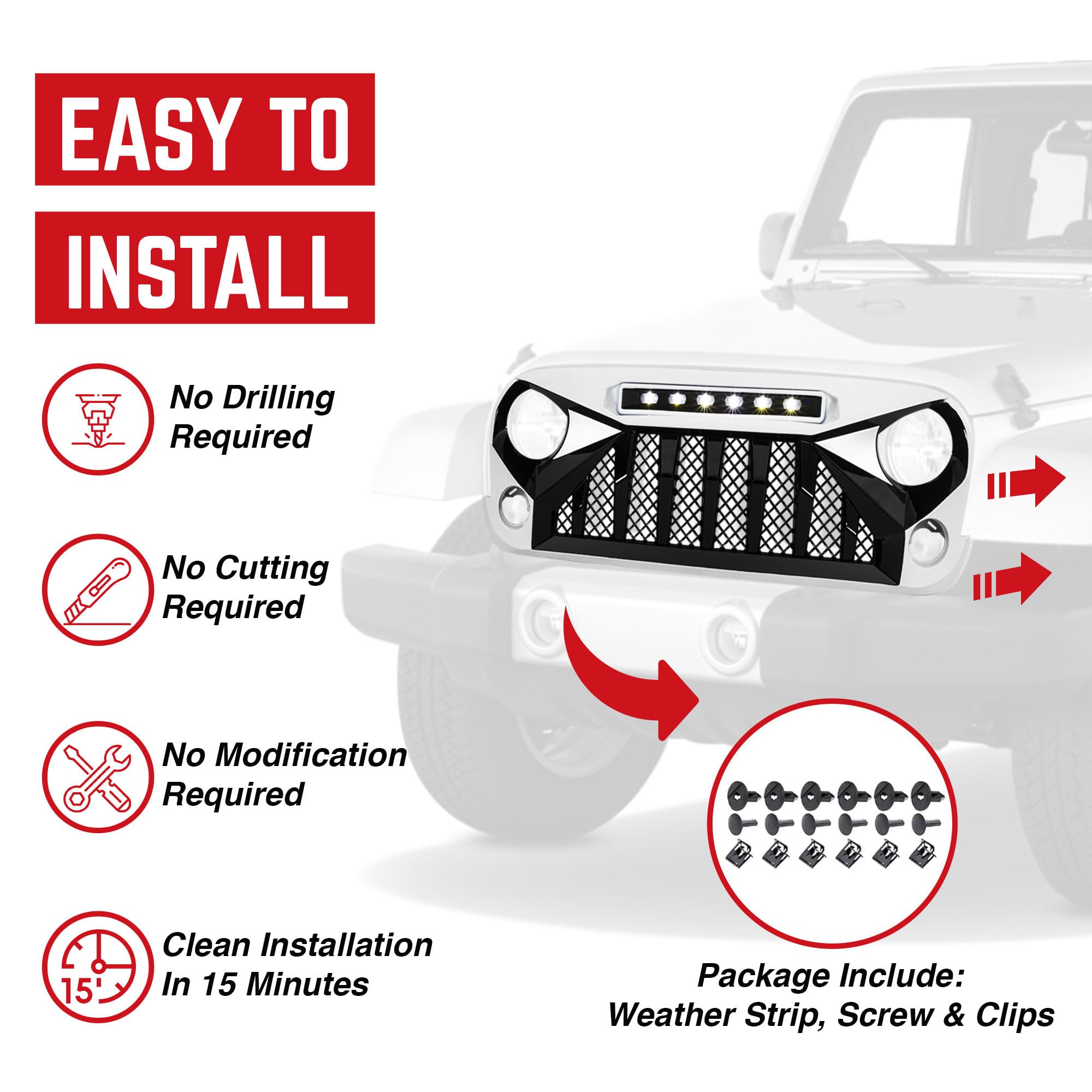 Black & White ABS Plastic Front Gladiator Grille with LED Off-Road Lights for 2007-2018 Jeep Wrangler JK - Durable Aftermarket Replacement for Off-Roading & Adventure