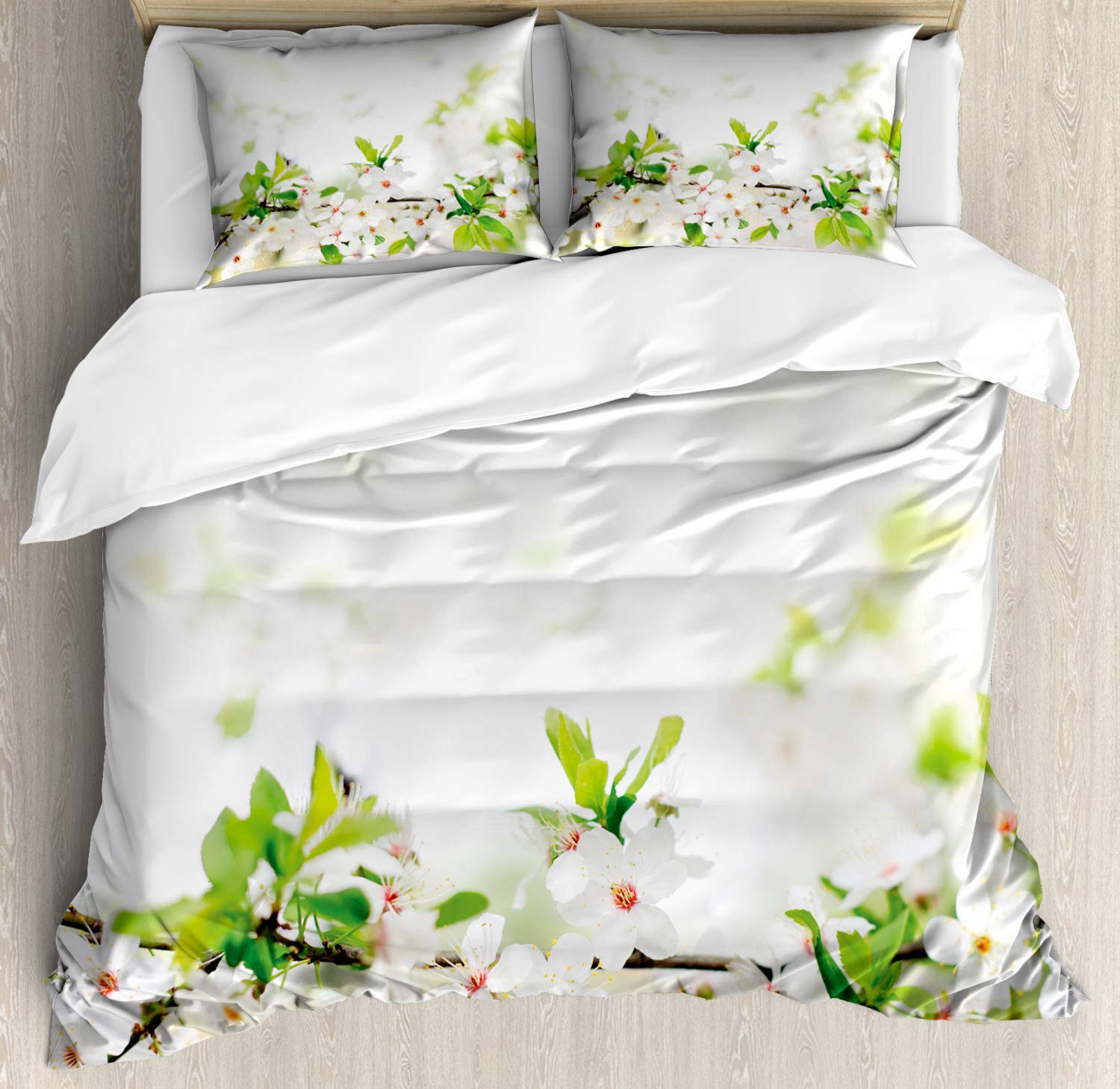 Ambesonne Floral Duvet Cover Set - White Spring Blossom Tree Branch Design, 2-Piece King Size Bedding Set with 4 Pillowcases, Nature-Inspired Green & White Decor for Master Bedroom or Guest Room, Perfect for Spring/Summer Seasonal Refresh