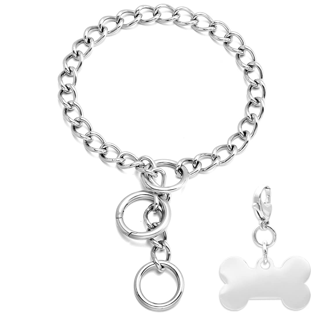 Heavy Duty Gold Dog Collar with Ring Clasp Hook - 15MM Cuban Link Chain, Adjustable Stainless Steel Metal Collar for Large Dogs (Silver, 20