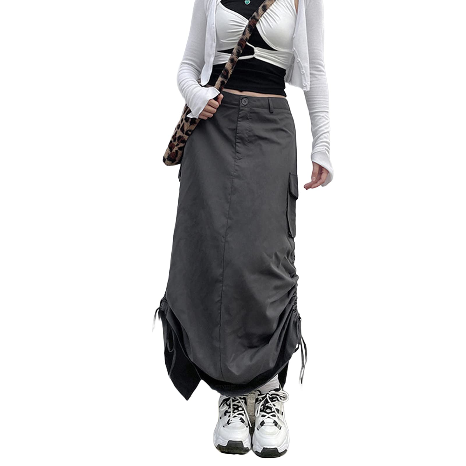 Vintage Low Waist Long Cargo Skirt for Women - Y2K Harajuku Baggy Maxi Skirt | E-Girl Streetwear Fashion | Perfect for Casual Outfits, Music Festivals & Urban Street Style