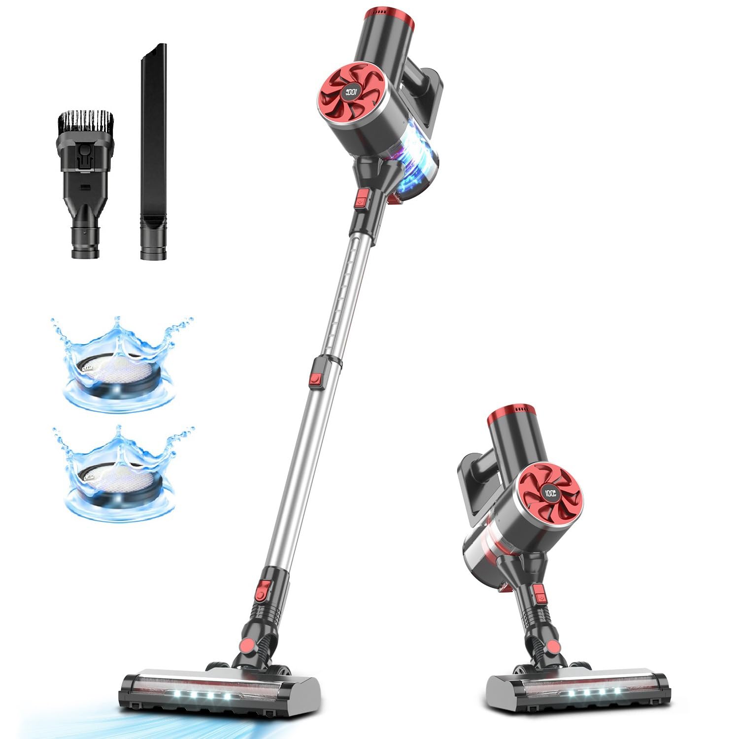 Powerful Cordless Vacuum Cleaner - 40Kpa Strong Suction, Self-Standing Stick Vacuum with LED Display, 40Min Runtime Brushless Motor, Lightweight for Hardwood Floors & Carpets - Ideal for Pet Hair Cleaning & Home Use (Red)