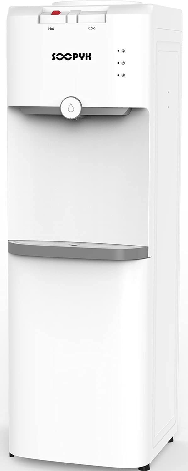 SOOPYK 5 Gallon Top Loading Hot and Cold Water Dispenser with Child Safety Lock | Energy Efficient Water Cooler for Home & Office | White Storage Cabinet for Kitchen, Living Room, or Workplace