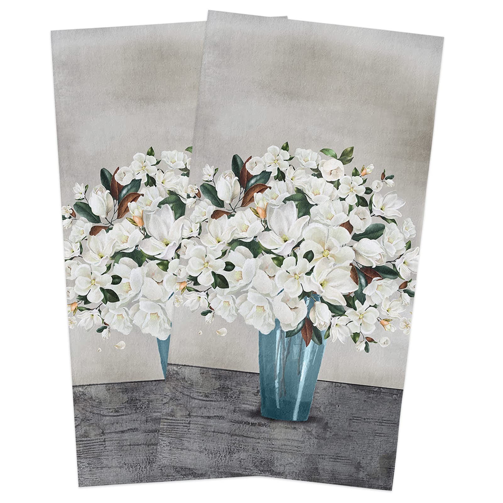 Premium White Magnolia Flower Dish Towels Set - 2 Pack Absorbent Soft Cotton Kitchen Towels (18x28 Inches) for Dishes, Bar & Tea - Floral Oil Painting Design for Home Decor & Gifts