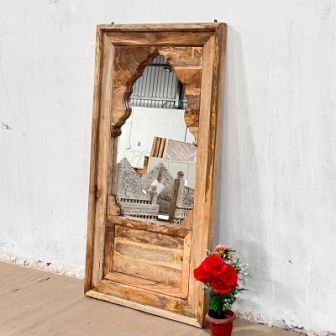 Handmade Indian Wooden Wall Mirror Frame - Carved Wood Design, Natural Finish, 80x50x150cm - Perfect for Living Room, Bedroom & Home Decor