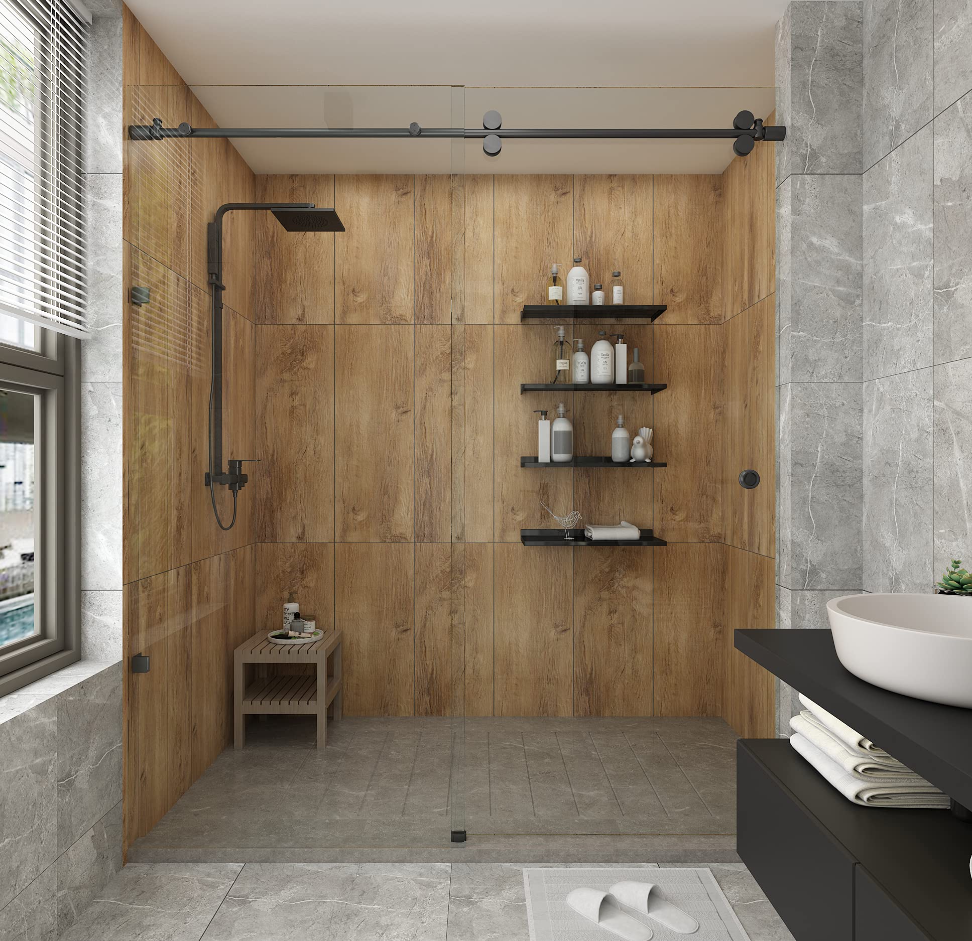 5FT Frameless Black Sliding Glass Shower Door Kit with Rolling Track Hardware - DIY Installation for Modern Bathroom & Barn Style Showers