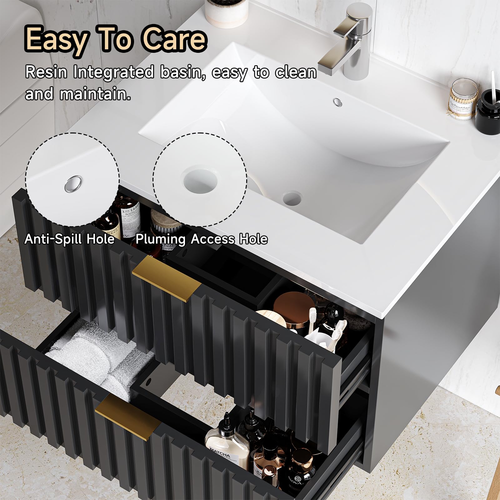 24 Inch Floating Bathroom Vanity with Sink Combo - Modern Wall Mount Storage Cabinet with 2 Fluted Drawers, Metal Handles & Ceramic Integrated Sink - Space Saving Design for Small Bathrooms, Powder Rooms or Apartments (Black)